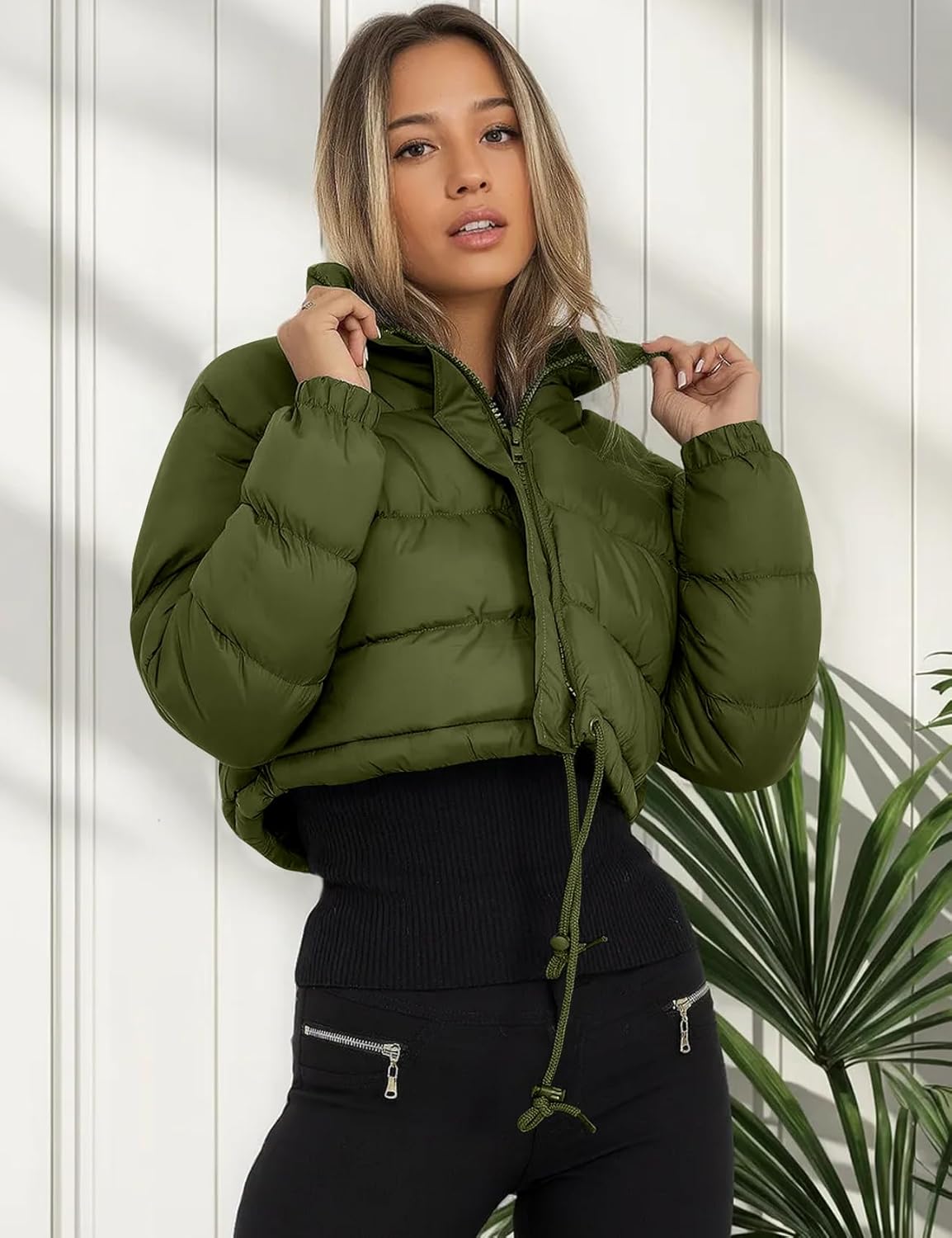 Flygo Women Cropped Puffer Jacket Winter Long Sleeve Quilted Puffy Bubble Padded Short Coats with Drawstring - Image 6