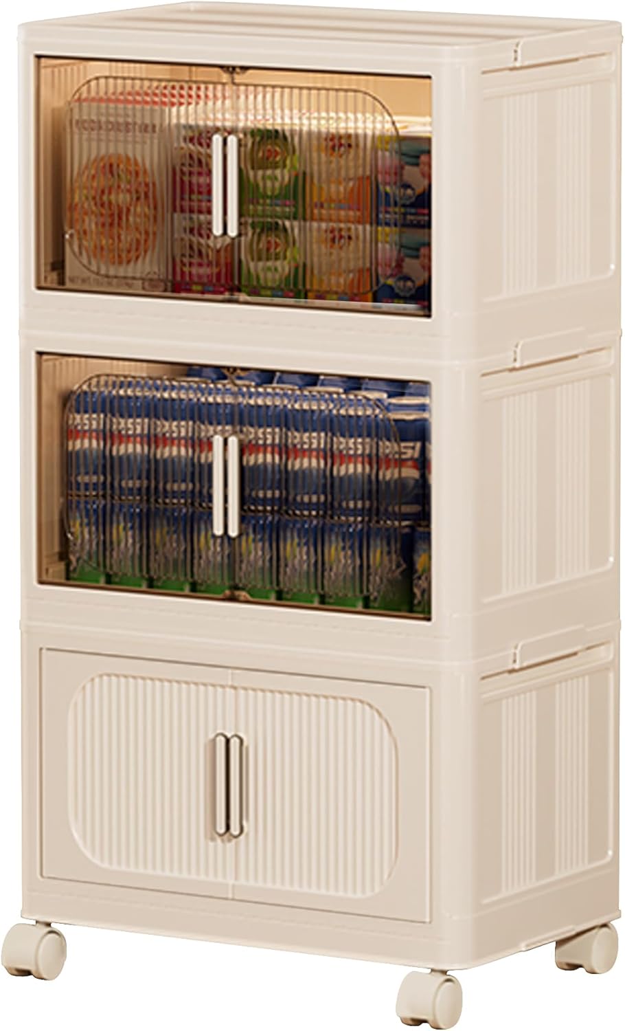 3-Tier Stackable Storage Bins with Lids, Foldable Plastic Organizer with Wheels, for Closet Bedroom Office Organization (Stripe - 2 Clear & 1 Yellow, 3 Tier - 17.5" D x 9.7" W x 26.3" H)