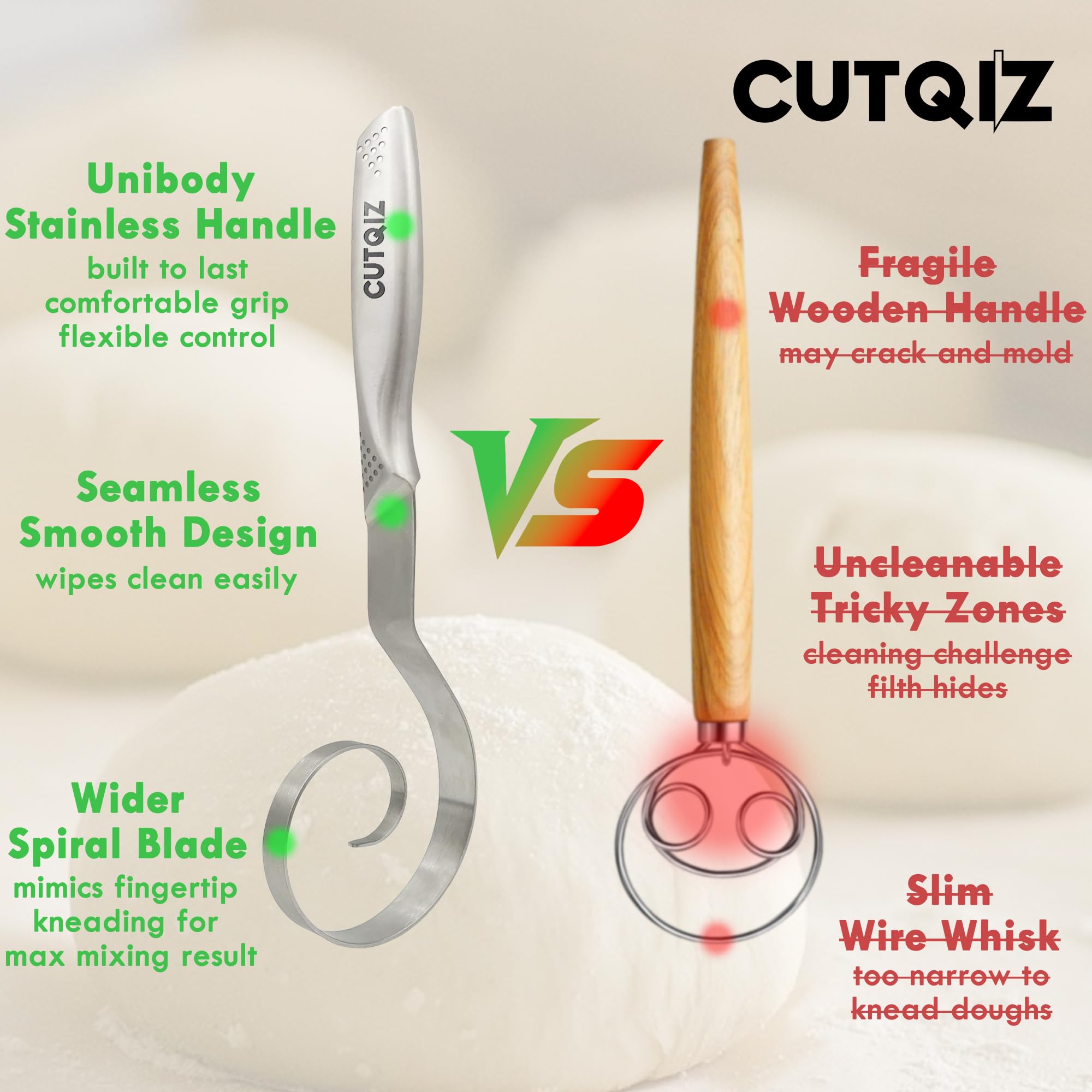 Seamless Dough Whisk - Dishwasher Safe Danish Dough Whisk - Kitchen Essential Whisking Tool for Cooking, Baking Bread Sourdough Pizza Pastry Cake Batter Biscuits