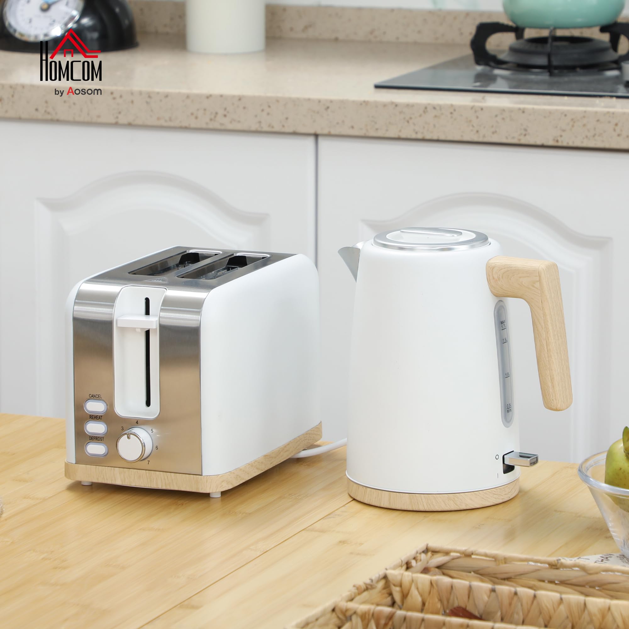HOMCOM Bouilloire et Grille-Pain 2200W, 1,7 L Acier Inoxydable, 2 Tranches, 7 Niveaux de Brunissage, Blanc
