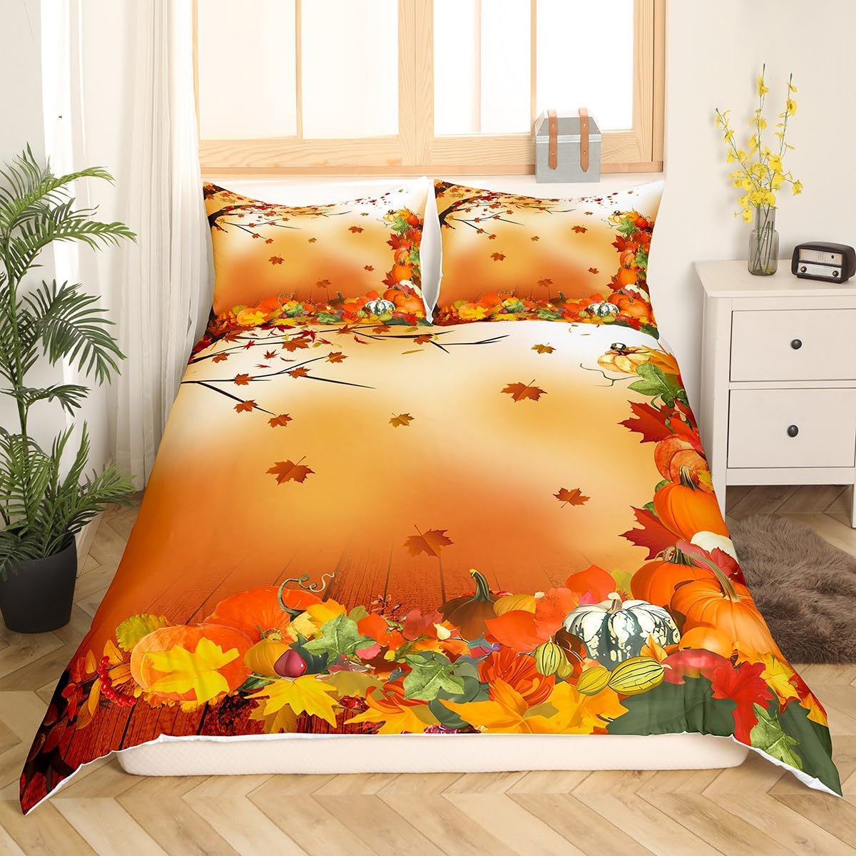 Fall Pumpkin Bedding Duvet Cover Set Halloween Themed Bedding Set Boys Girls Maple Leaves Decor Comforter Cover Set Microfiber Pumpkin Festival Bedspread Cover Bedroom Bedclothes King Size