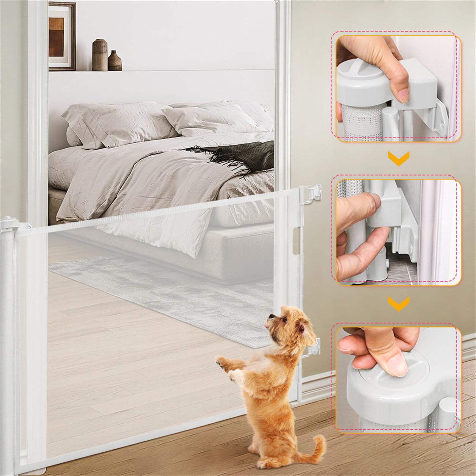 Barrera de seguridad extensible para bebés y perros, 86 cm de altura, 150 cm, color blanco