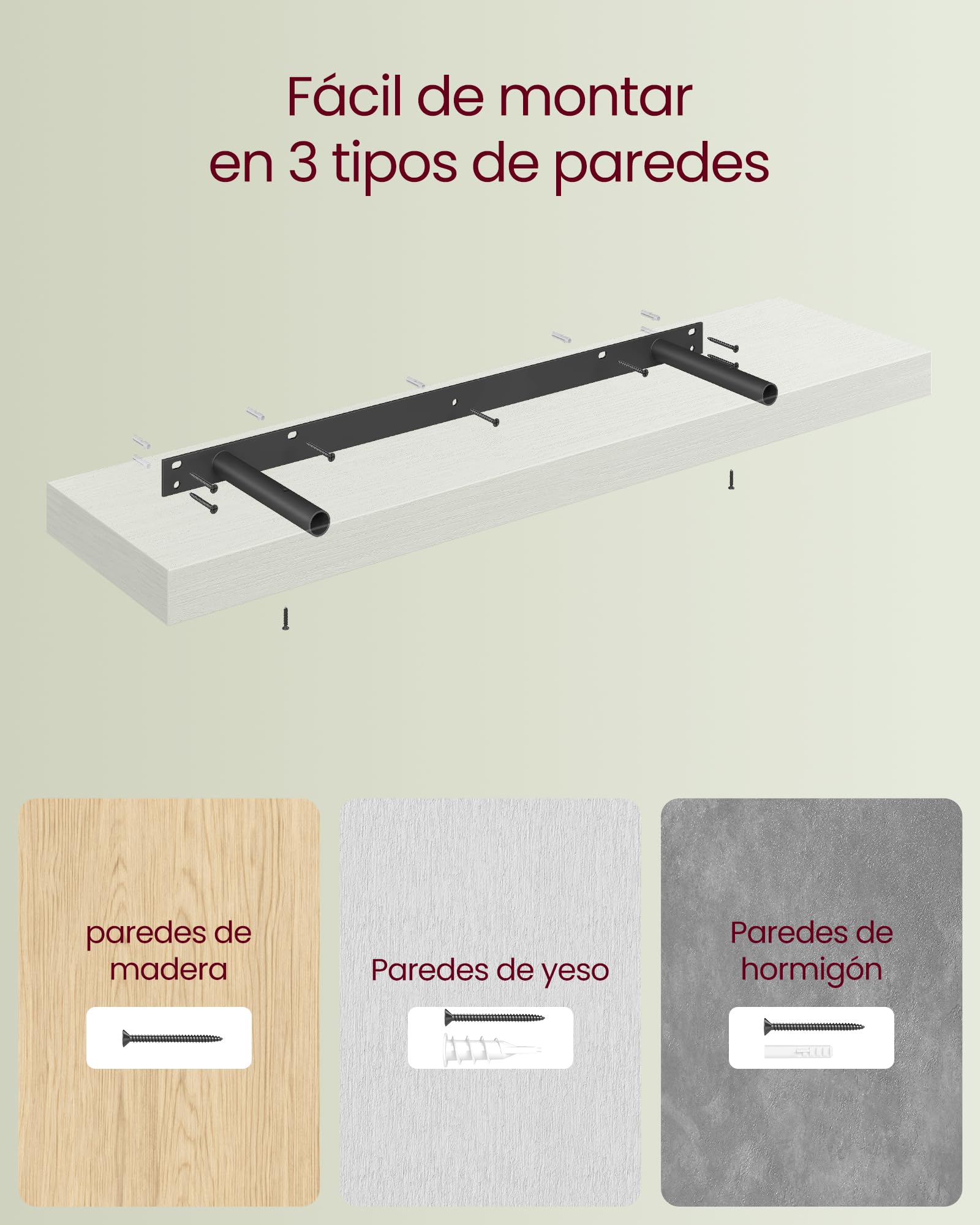 VASAGLE Estante de Pared, Juego de 3, Estante Flotante, 20 x 80 x 3,8 cm, Balda de Pared para Marcos de Fotos, Decoración, para Salón, Estudio, Cocina, Blanco Nieve LWS028WE01-3J