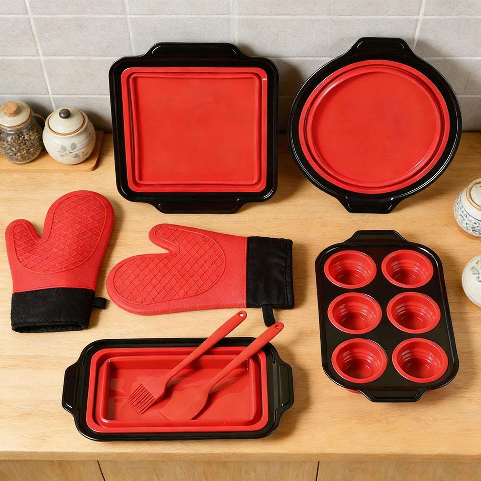 Genérico Molde de Silicona para Hornear Vajilla Flexible para Hornear | Con manoplas, rascador y cepillo, set con molde de silicona de horneado Resistente al Lavavajillas, para Magdalenas, Pan,
