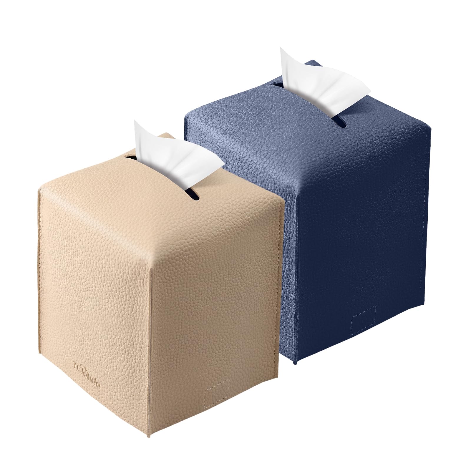 Tissue Box Cover, Tclouda, Modern PU Leather Square Tissue Box Holder for Creative Decorative, 2 Pack, Ideal for Bathrooms/Office/Nightstand Tent/Dining Table, 5"X5"X5", Beige&Navy Blue