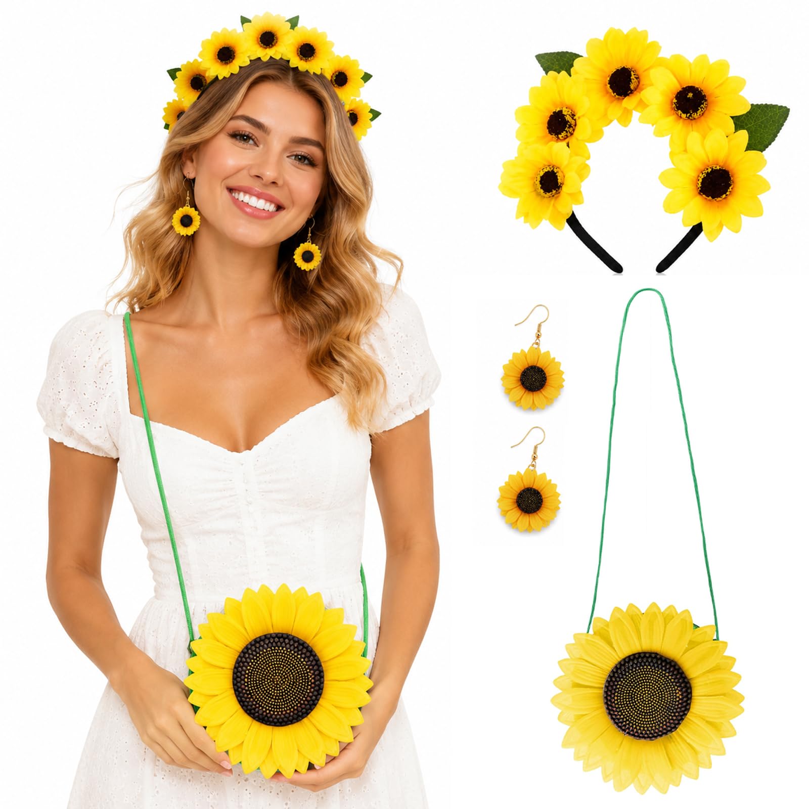 Buyzzus Women Sunflower Costume Accessories 3 Pcs with Sunflower Headband, Sunflower Dangle Earrings, Sunflower Bag, Flower Costume Accessories for Carnival Theme Party Cosplay