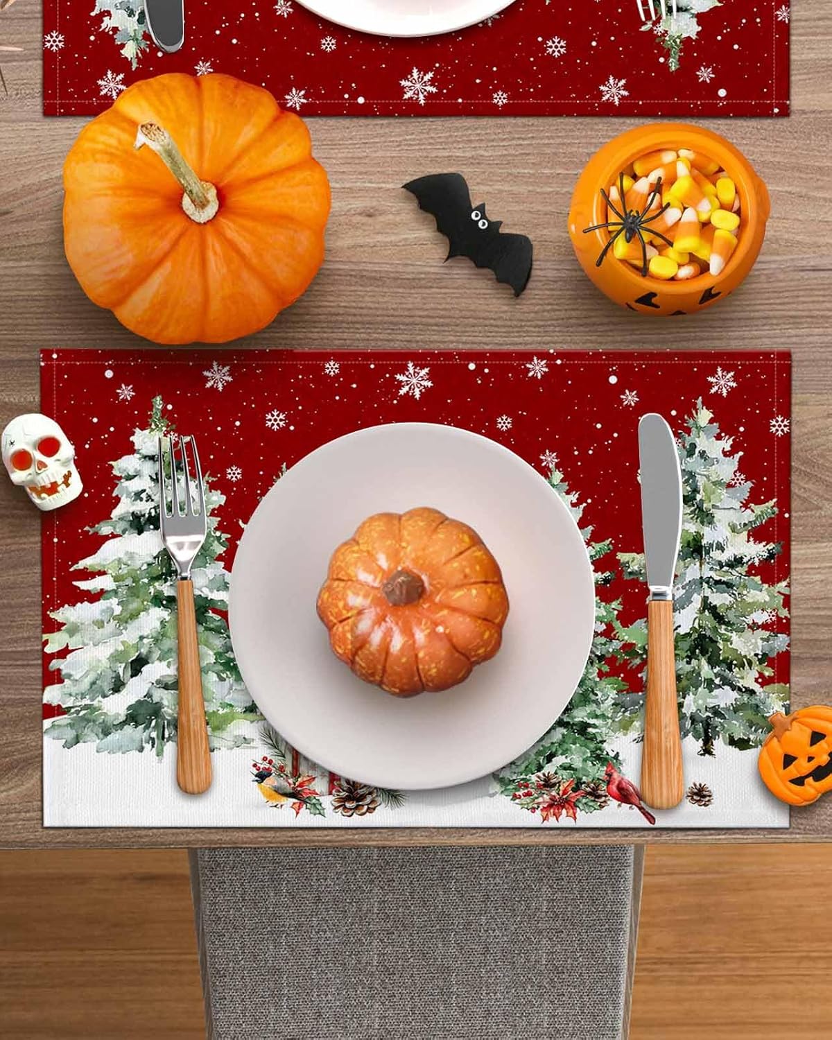 Christmas Placemats Snowman Pine Trees Placemats for Dining Table Cardinal Bird Gifts Snowy Red Table Mat Winter Holiday Home Party Kitchen Table Decorations Set of 8