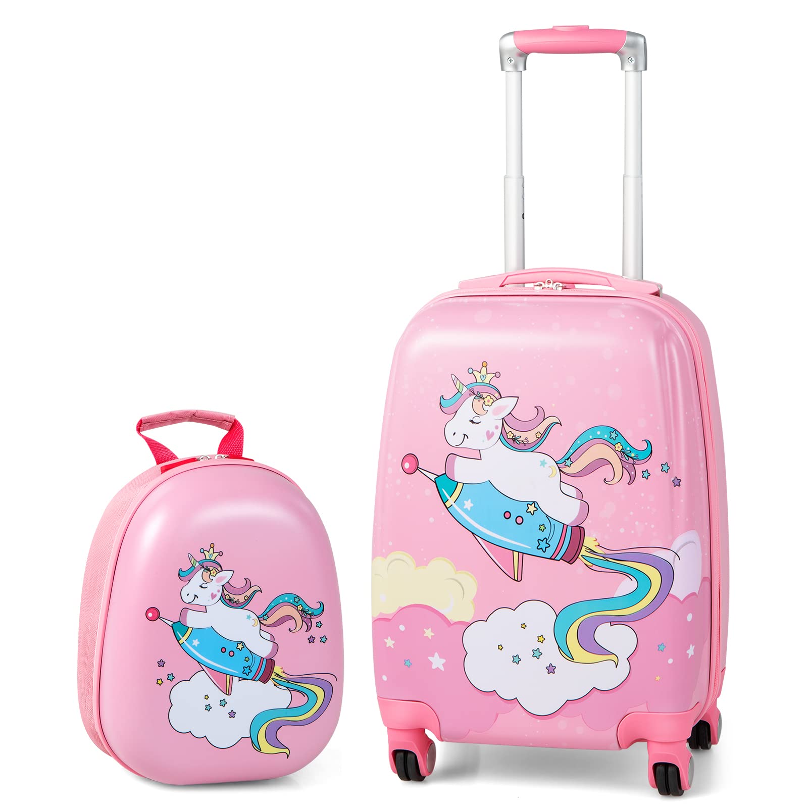 BABY JOY 2 PC Kids Carry On Luggage Set, 18" Toddler Trolley Case & 12" Backpack with Hard Shell & Rolling Wheel Design, Kids Suitcase for Boys Girls