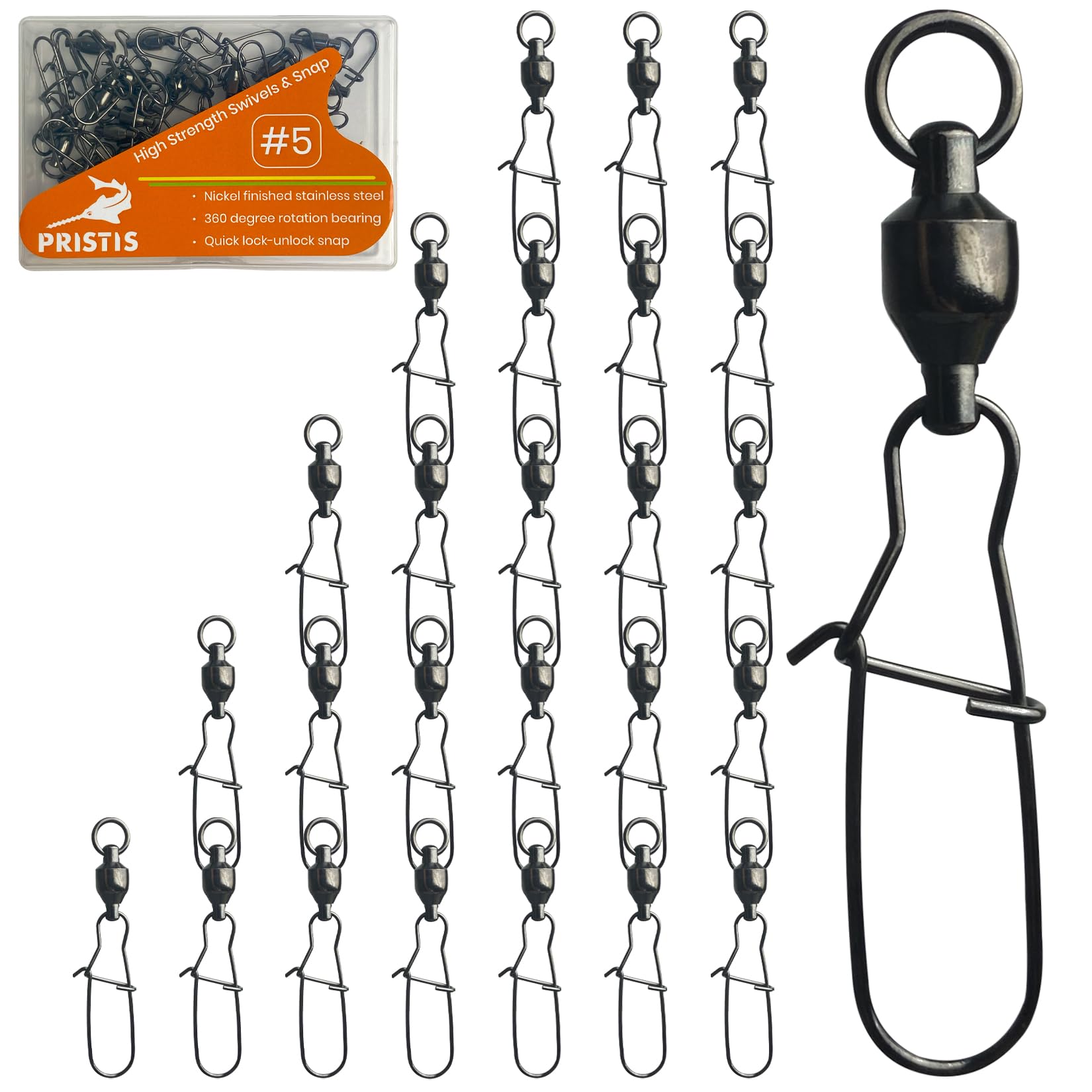 Pristis 25 Pack High Strength Fishing Snap & Swivels, Ball Bearing with Coastlock Snap, Saltwater Corrosion Resistant Connector, Fresh Water Heavy Duty Black Nickel Finish Tackle Kit for Bass Perch