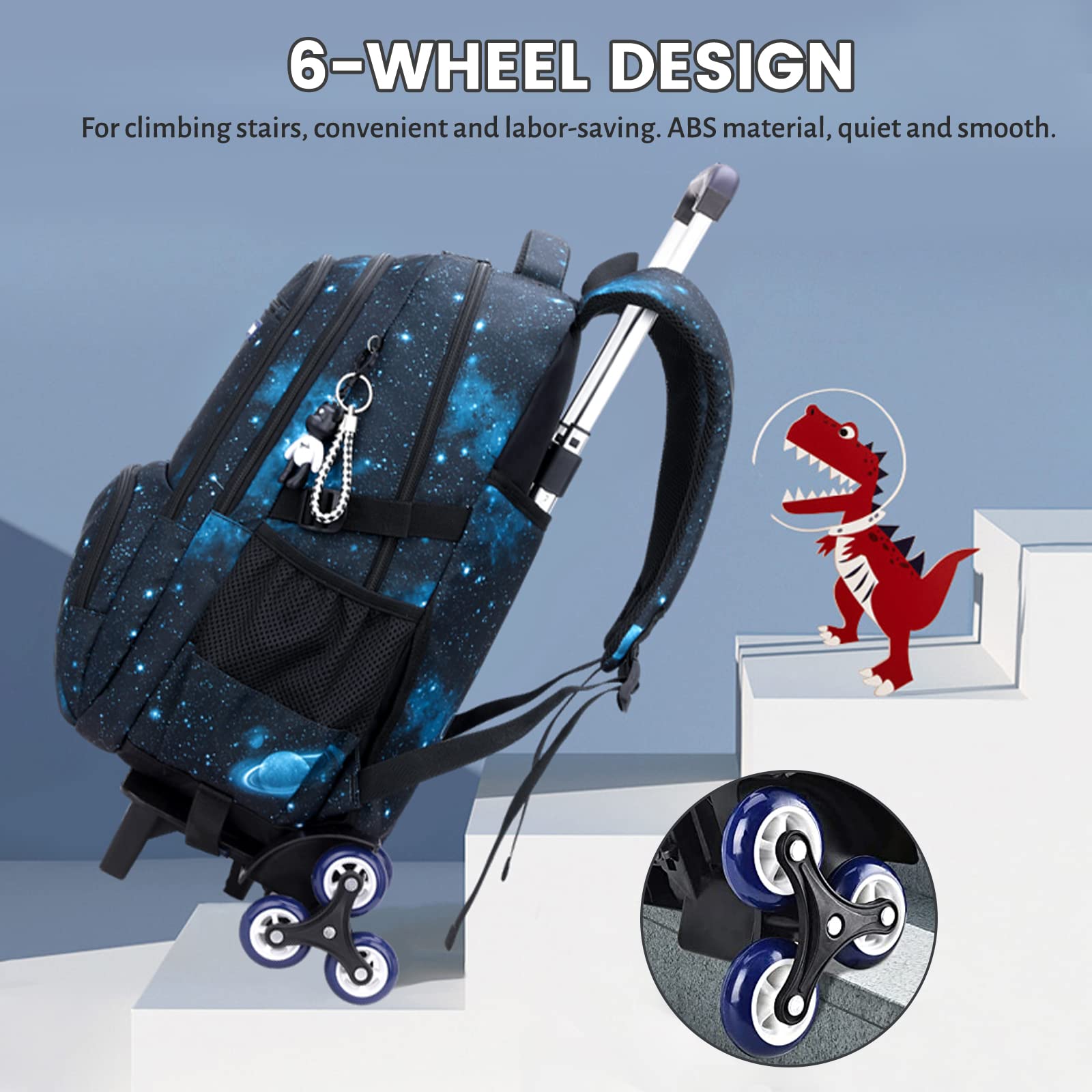 Amythe Mochila Escolar con Ruedas para Niños Adolescentes, 6 Ruedas | Mochilas con Carro para Niños, Mochila Trolley Chicos, Desmontable, Azul, Ideal para IR al Colegio o de Viaje