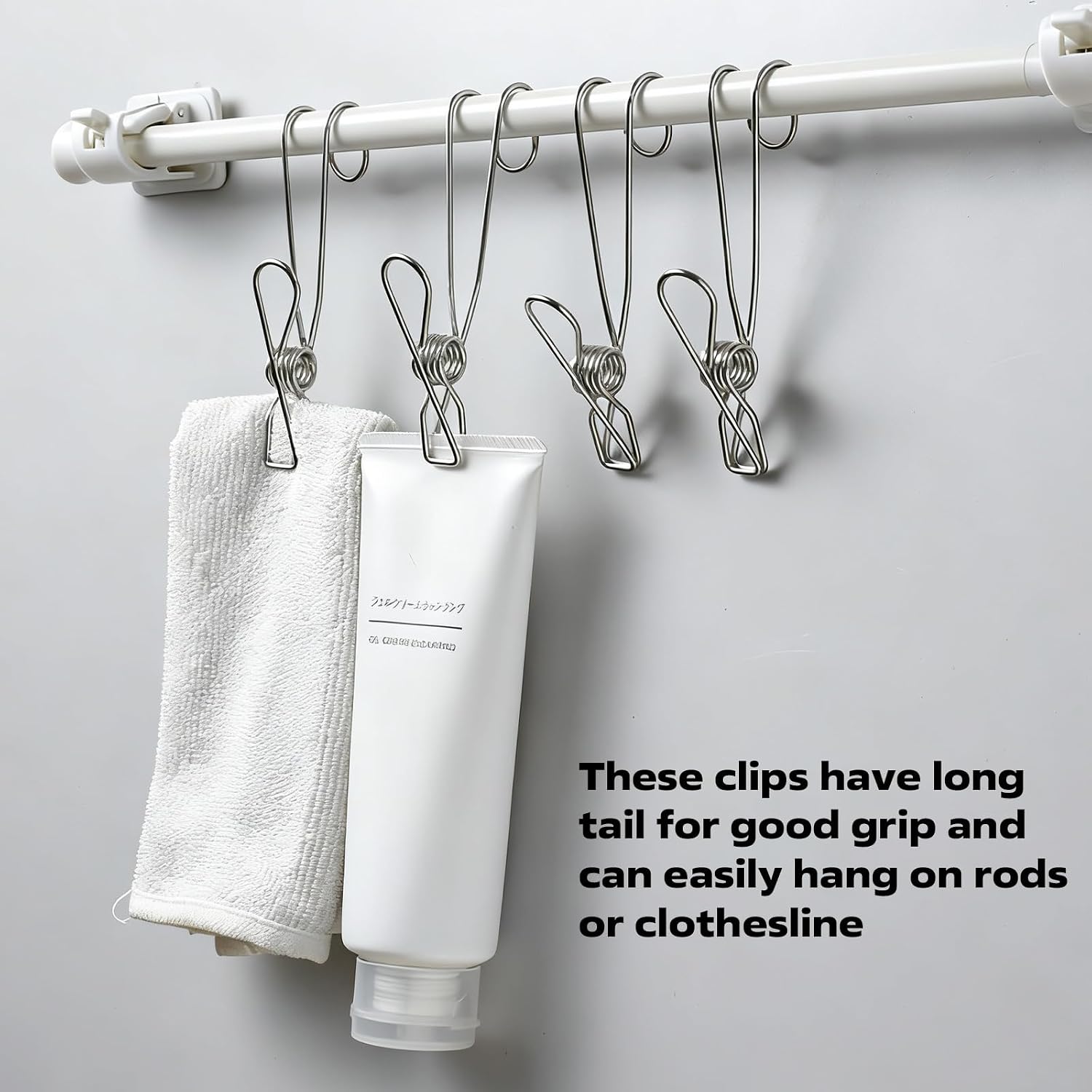 12 Pack Long Tail Clip with Hooks Clothes Pin, Cord Clothes Pins Hanging Peg Clips Utility Clips for Laundry Outdoor Clothesline Kitchen Camping