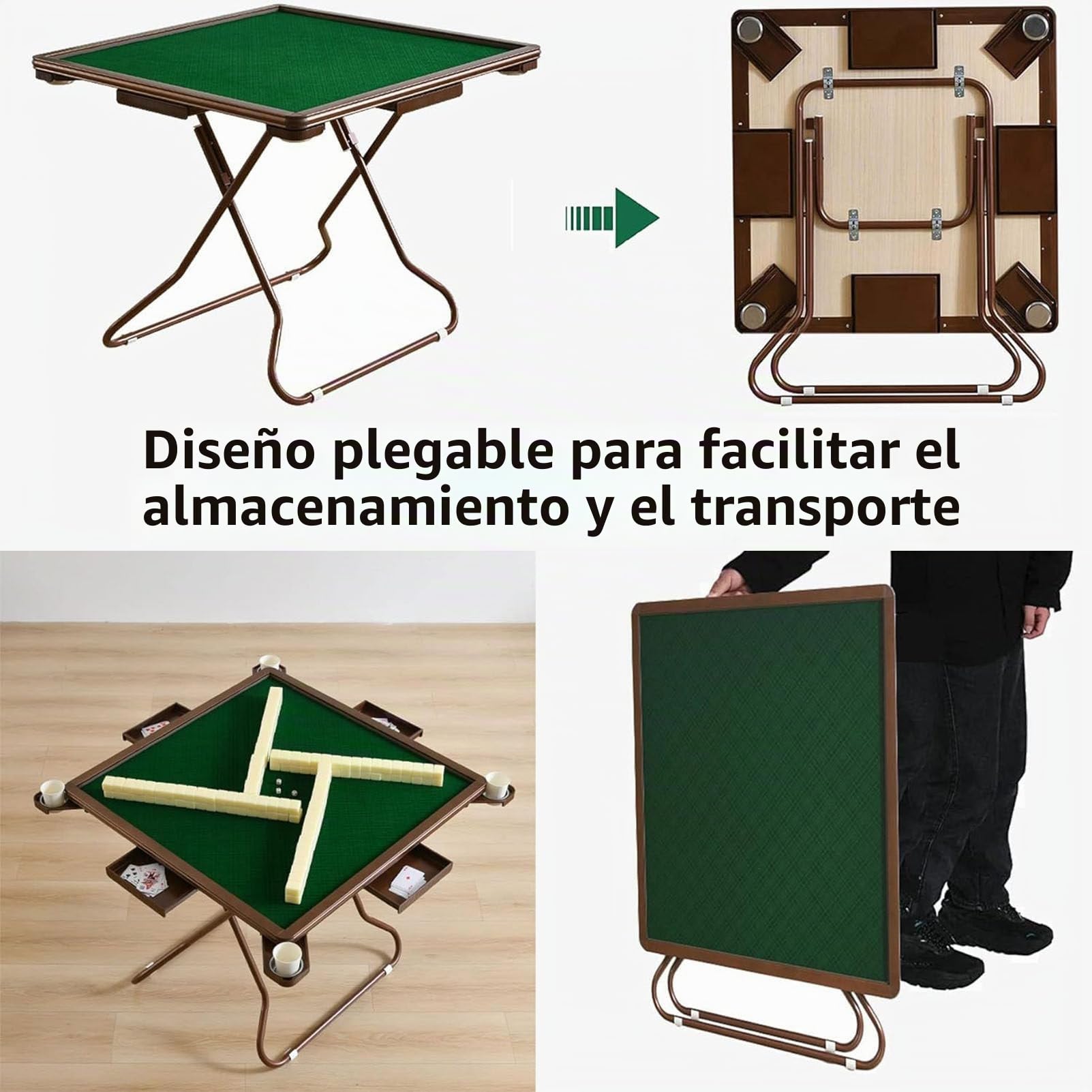 Mesa Plegable de Mahjong - Multifunción Cuadrada Con Portavasos y Bandejas para Fichas - Juego de Mesa Portátil para Dominó, Póquer y Blackjack