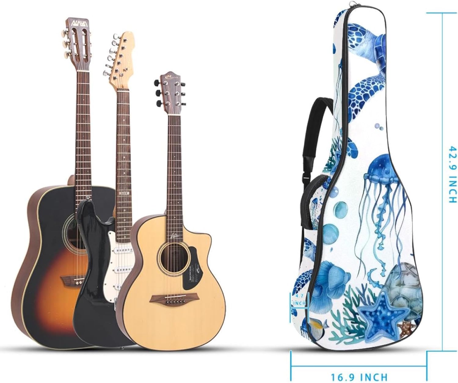 Acoustic Guitar Bag 0.4 Inch Thick Padding Waterproof Guitar Case Gig Bag for 40 41 42 Inch Electric Bass Classical Guitar, Blue Watercolor Sea Fish Turtle and Coral