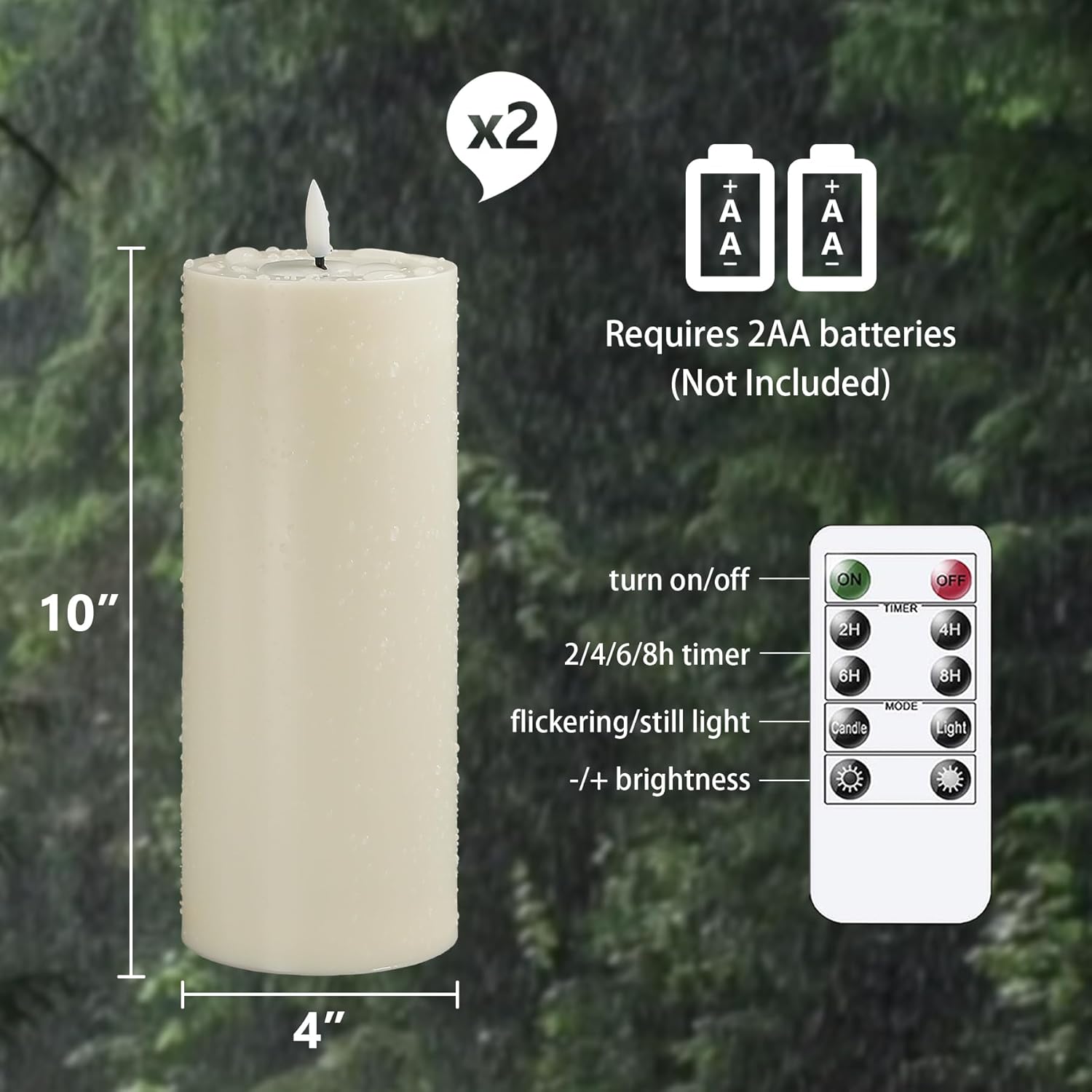 Waterproof Flickering Plastic Flameless with Cycle Timer & Remote Control, Pack of 2 Fake Battery Operated Candle Grease Outdoor Pillar LED Candles (Ivory, 4" x10") - Image 3
