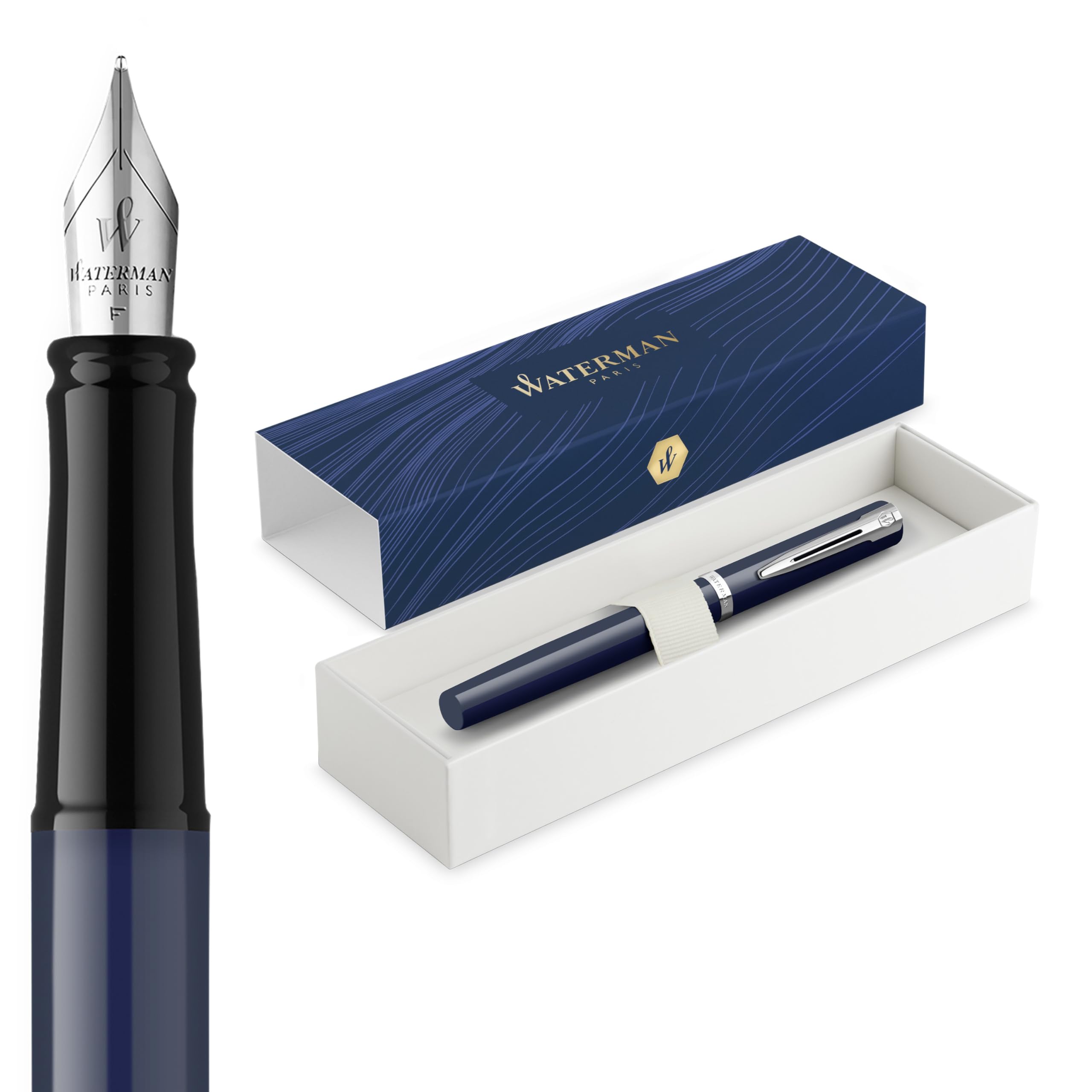 Waterman Impression Fountain Pen | Medium Nib with Blue Ink Refill | Blue Lacquer with Palladium-Coated Trim | Gift Box