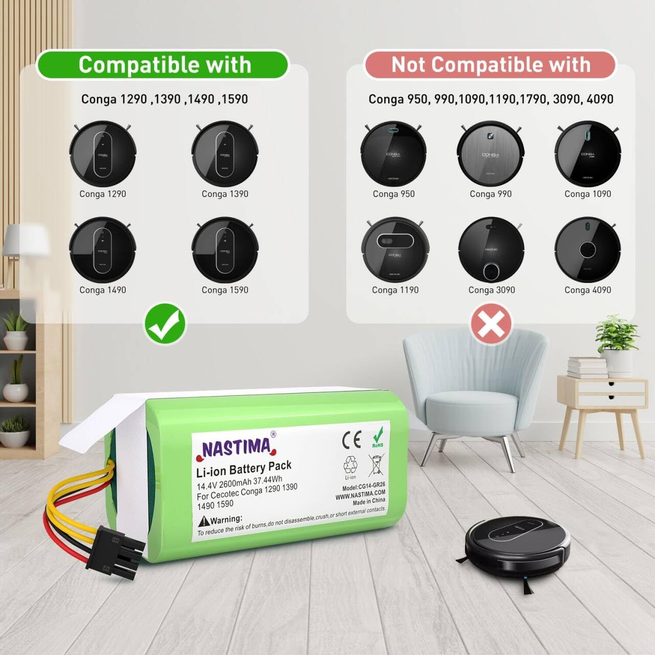 NASTIMA 14.4V 2600mAh Batería de Repuesto de Iones de Litio Compatible con Conga Excellence 1290 1390 1490 1590