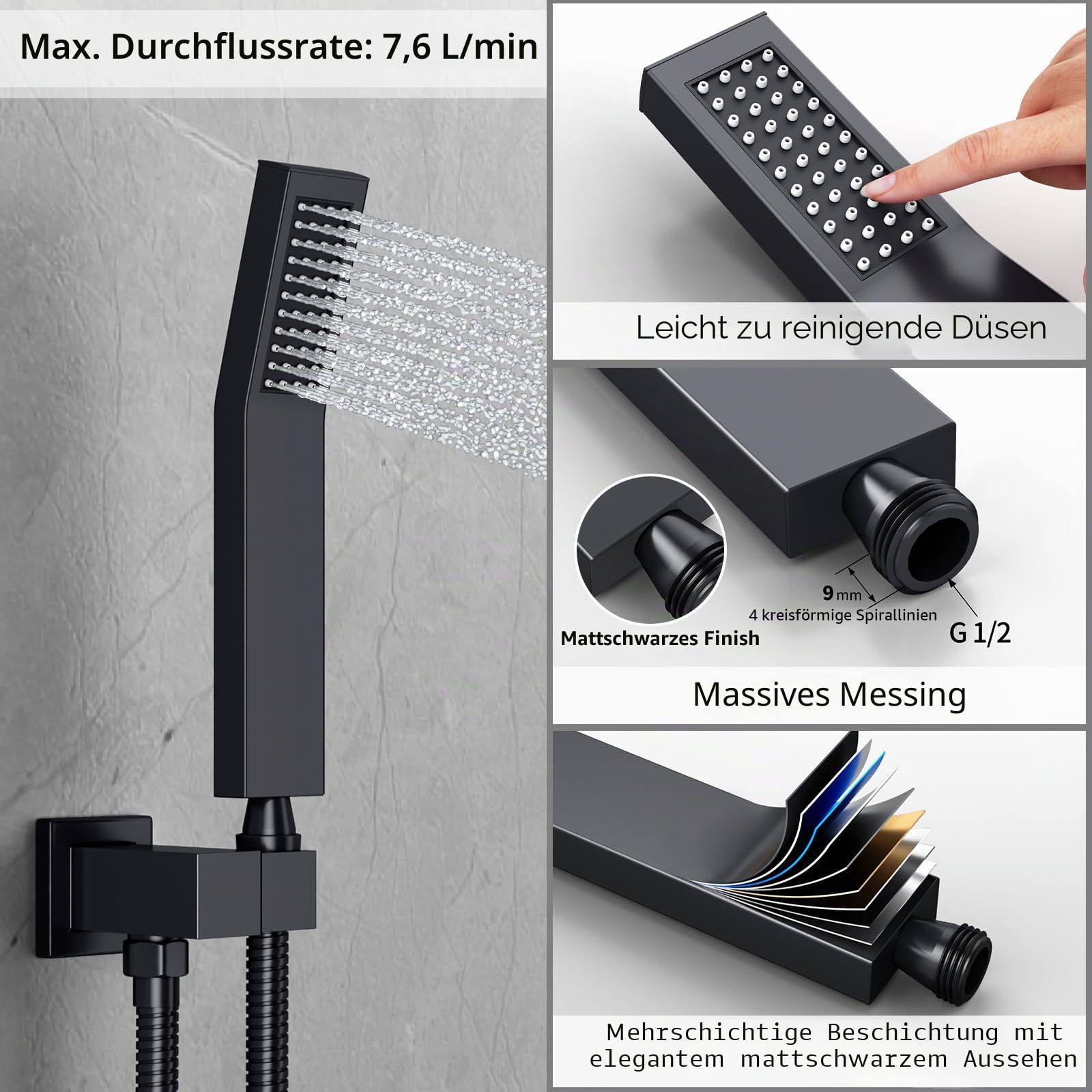 Rainsworth Unterputz Duscharmatur Set, 30x30cm Quadratischer Regenduschkopf mit Hochmoderne Air Injection Technology, Hochwertig Edelstahl und Messing Zubehör, Wandmontage Duschsystem Schwarz | Unterputz Duscharmatur Set mit 12 Zoll Regendusche, Unterputz