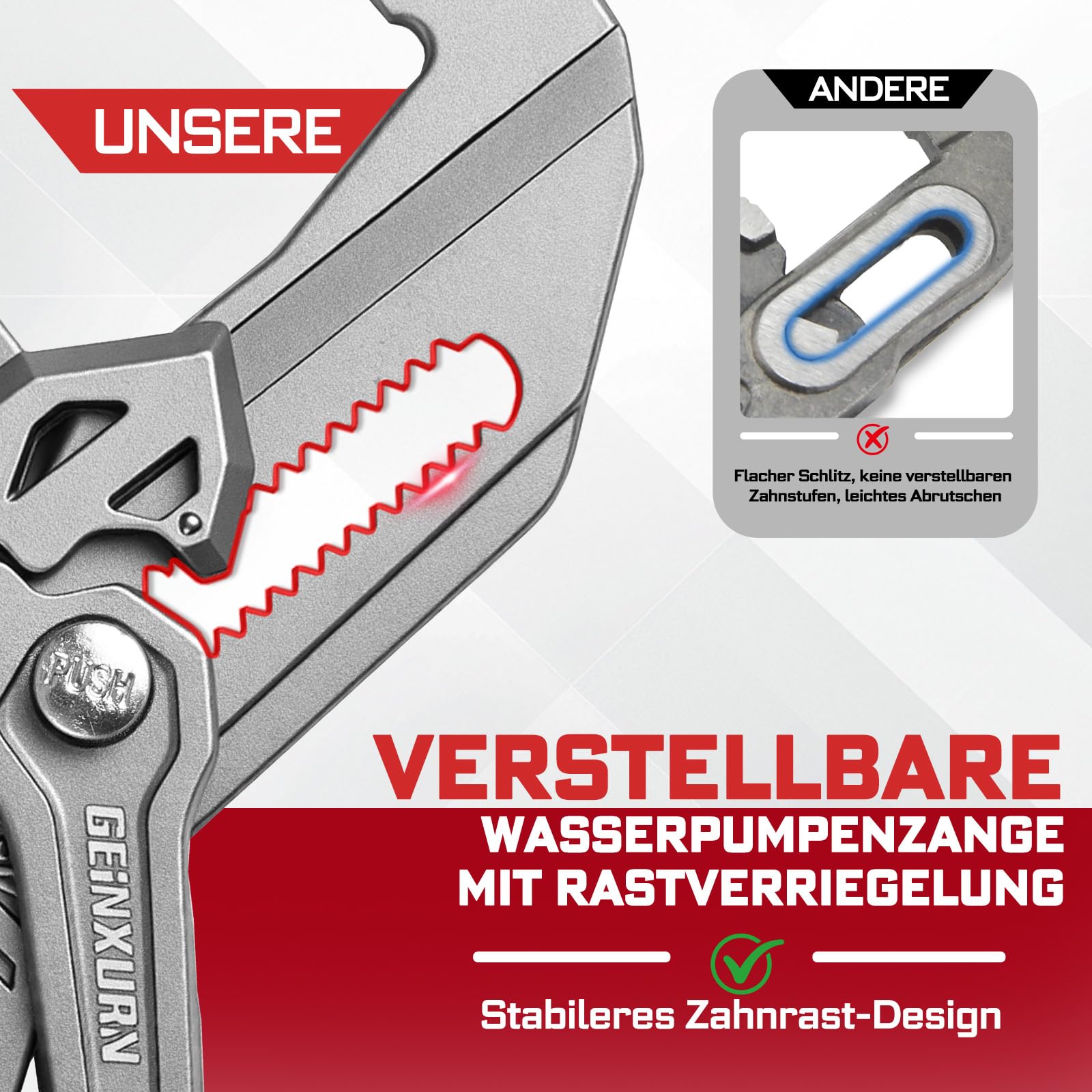 GEINXURN Szczypce 180 mm, 180 mm, 4 szt., gładkie szczypce szczękowe V z 15-pozycyjną blokadą zatrzaskową, zestaw szczypiec do hydrauliky, naprawy domu i złączek rurowych