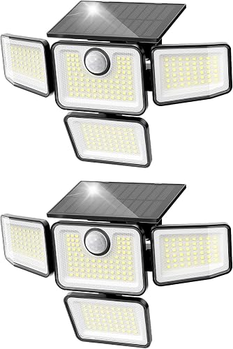 3000LM Solar Lights Outdoor, 4 Adjustable Heads Motion Sensor Security Light, 3 Modes, 6500K, IP65 Waterproof Solar Wall Flood Lights for Garden, Outside, Backyard, 2 Pack