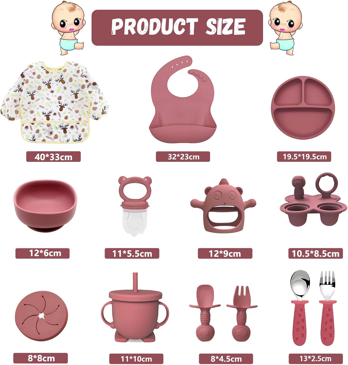 Silicone Baby Feeding Set, 14 Pcs Baby Led Weaning Supplies, Baby Spoons & Forks Suction Bowl Divided Plate Bib Cup, First Stage Solid Food Eating Utensils - 6+ Months (Rose)