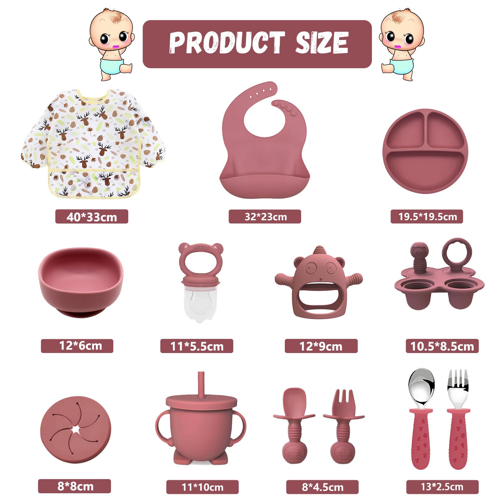 Silikon Baby Geschirrset, 14er Set Kindergeschirr, Babyteller mit Saugnapf, Schüssel, Lätzchen, Babylöffel,Babybrei-Gefrierdose, Trinklernbecher,Fruchtsauger,Baby Led Weaning Besteck Set (Dunkelrosa)