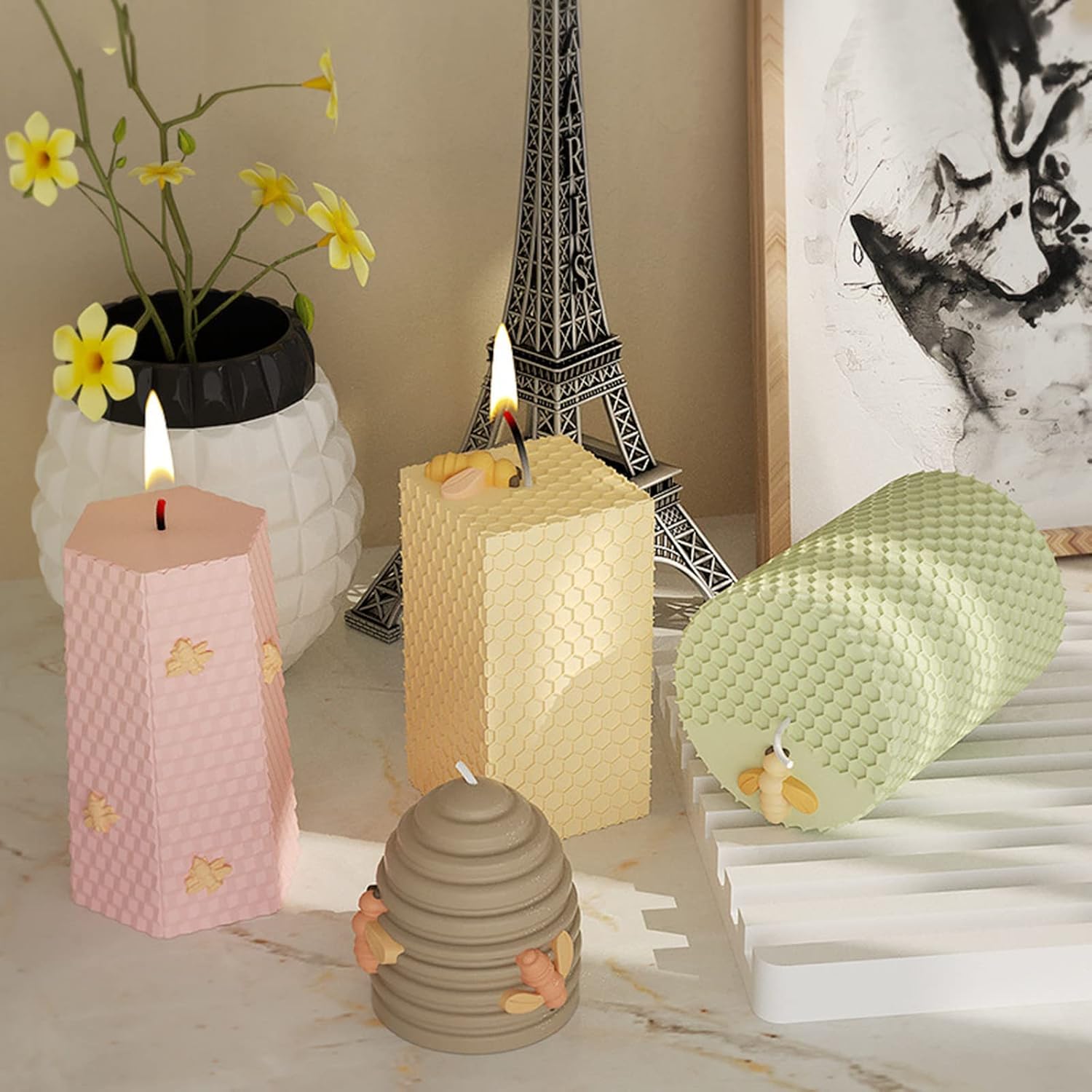 4pcs Bee Honeycomb Candle Molds, 3D Beehive Pillar Silicone Mold for Beeswax Candle, Soap, Fondant, Chocolate, Cake Decor, Plaster Ornament, DIY Crafts