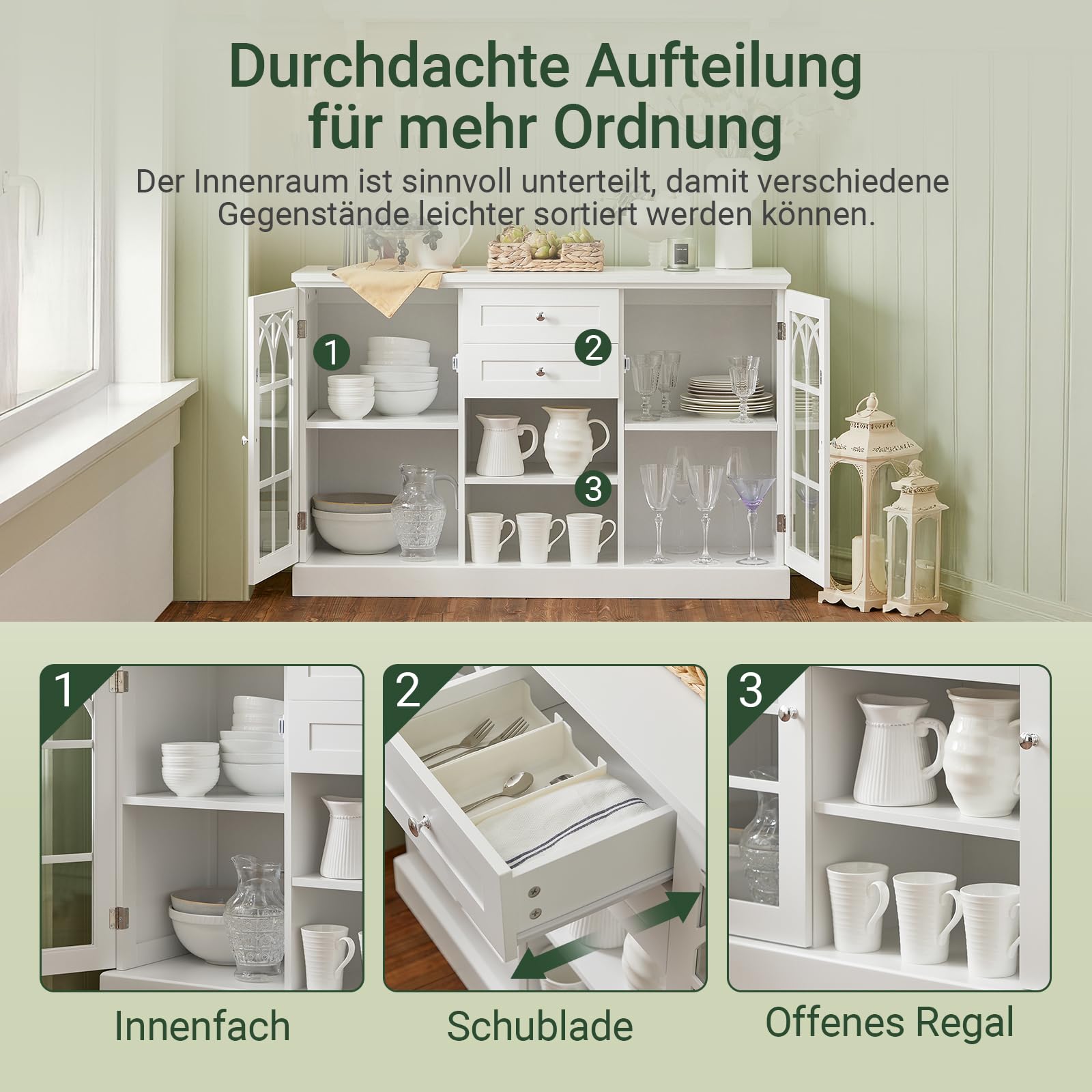 SoBuy Sideboard Küche mit Glastüren, Schubladen & offenem Fach, 120×78×39cm | Buffetschrank, große Arbeitsplatte, 80 kg Tragkraft, staubgeschützt, MDF, für Esszimmer & Wohnzimmer & Kaffeeecke, FSB79-W