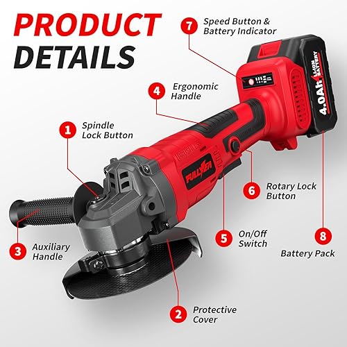 Miniatura 6 de Amoladora angular inalámbrica de 4-12 pulgadas, herramienta de amoladora angular sin escobillas de 12000 RPM, ajuste de 3 velocidades, amoladoras
