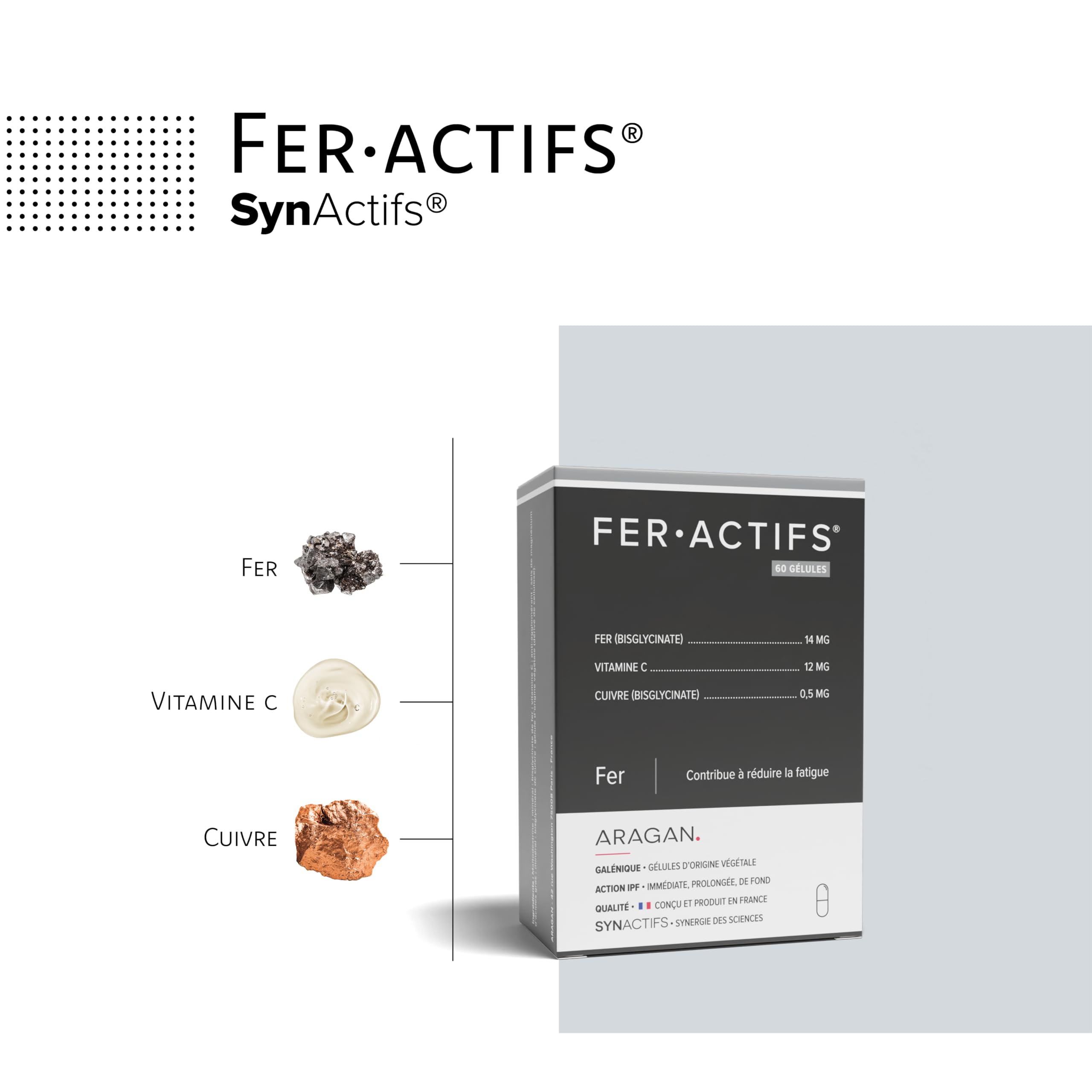 ARAGAN - Synactifs Lot de 2 Feractifs - Complément Alimentaire Anti-Fatigue - Tonus et Vitalité - Fer Bisglycinate, Cuivre et Vitamine C - 120 gélules - 4 mois de prise - Fabriqué en France