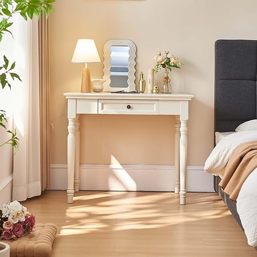 Miniatura 3 de Escritorios blancos de estilo rústico francés con cajones, mesa de computadora de madera maciza de 35 pulgadas para oficina en casa, sala de estar,