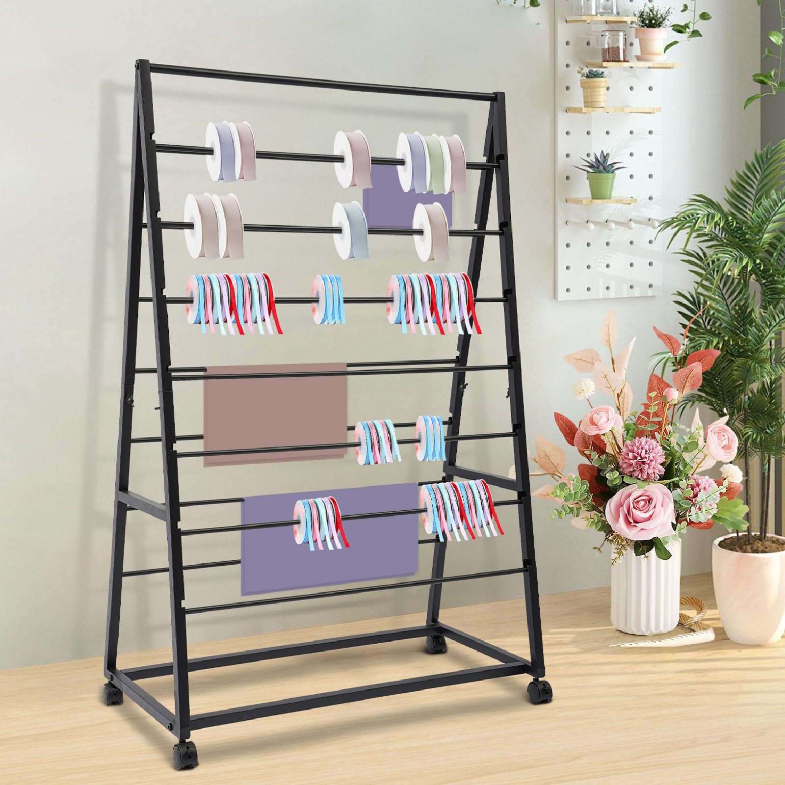 NeNchengLi Ribbon Organizer 15 Tier Metal Ribbon Holder Organizer Rack, Double-Sided Ribbon Storage Rack, 31.5In/W, Gift Wrapping Paper Craft Ribbon Storage Shelf for Scarf, Ties, Belt, Towel