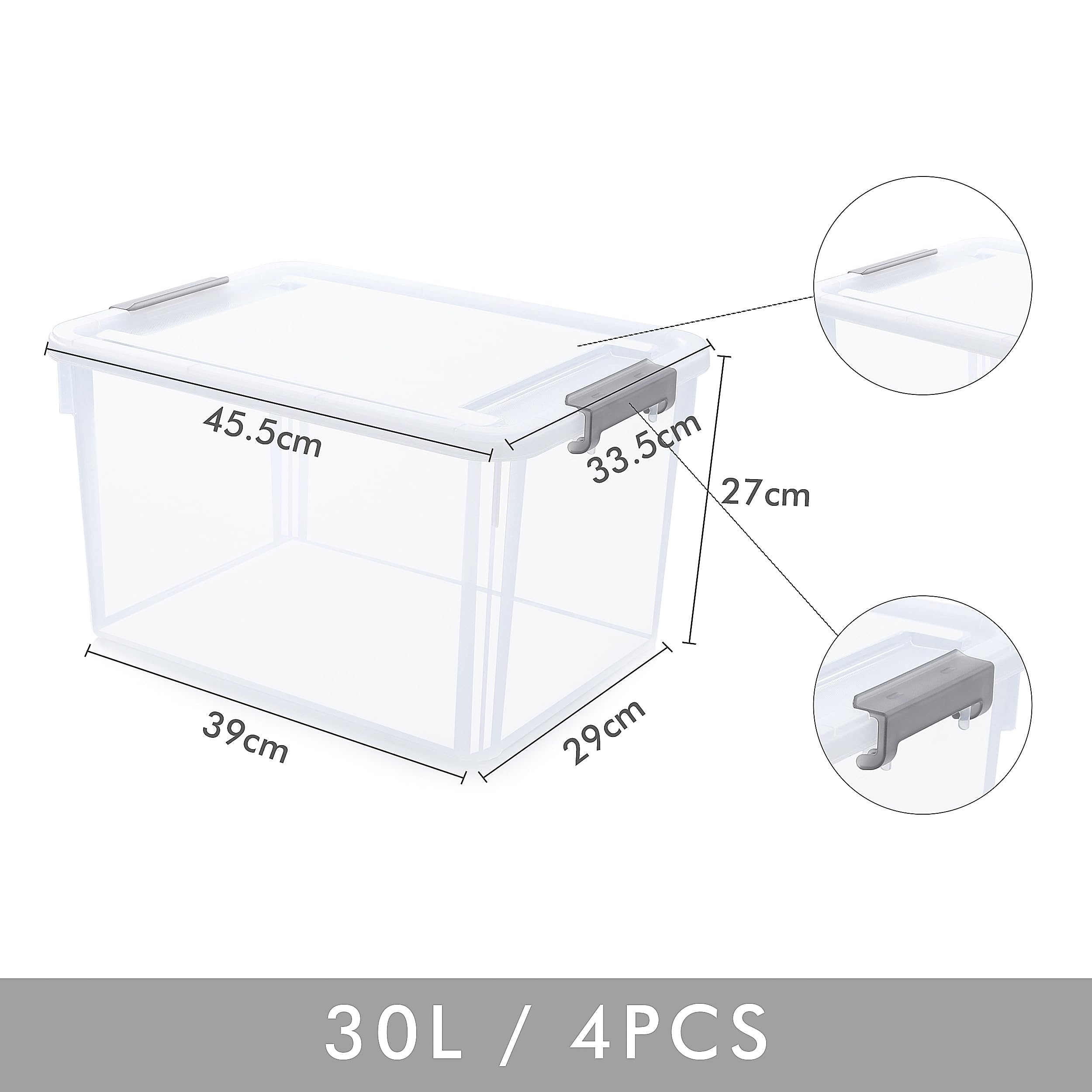Citylife 4 Contenitori plastica con coperchio da 30 litri, Scatola portaoggetti in plastica, Clip di chiusura, Trasparente, Impilabile, Sigillato, W49 x D50.4 x H36 cm
