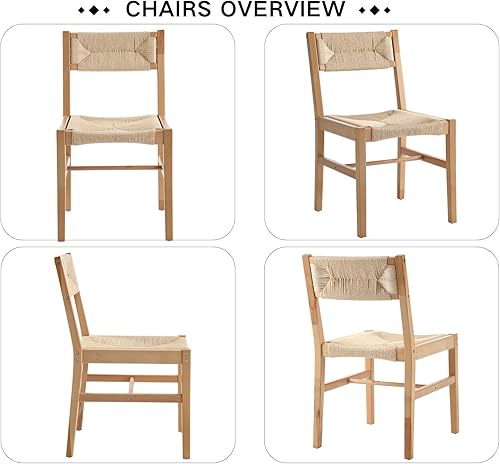 Miniatura 7 de Juego de 2 sillas de comedor de ratán modernas de mediados de siglo, sillas de cocina de madera de haya natural, sillas de comedor tejidas de Madera