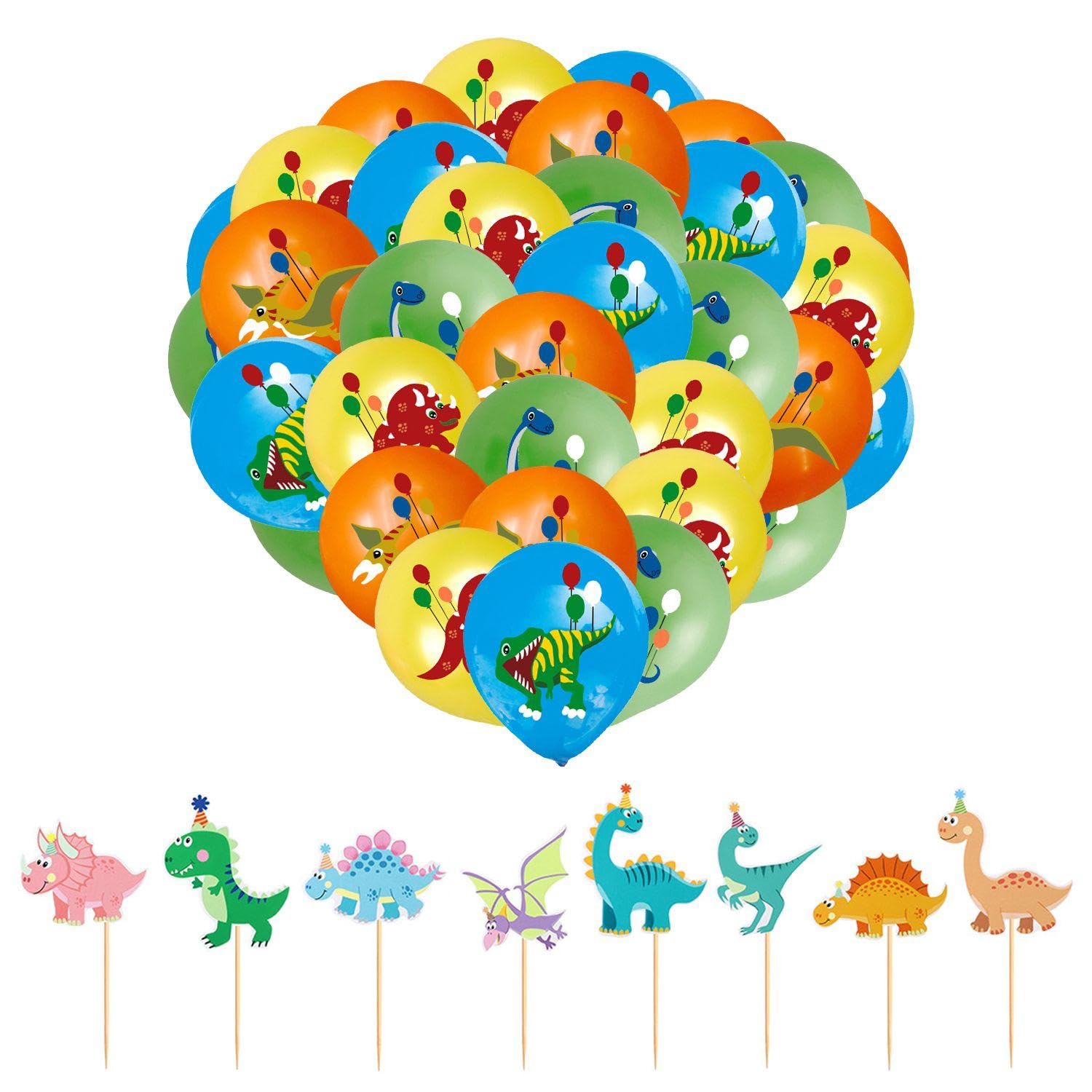 RNFKSU 40 Pieces Of Dinosaur Balloons And 8 Pieces Of Dinosaur Placards, Children'S Birthday Party Decorations, Dessert Cake Top Dress-Up Accessories, Event Photo Props.