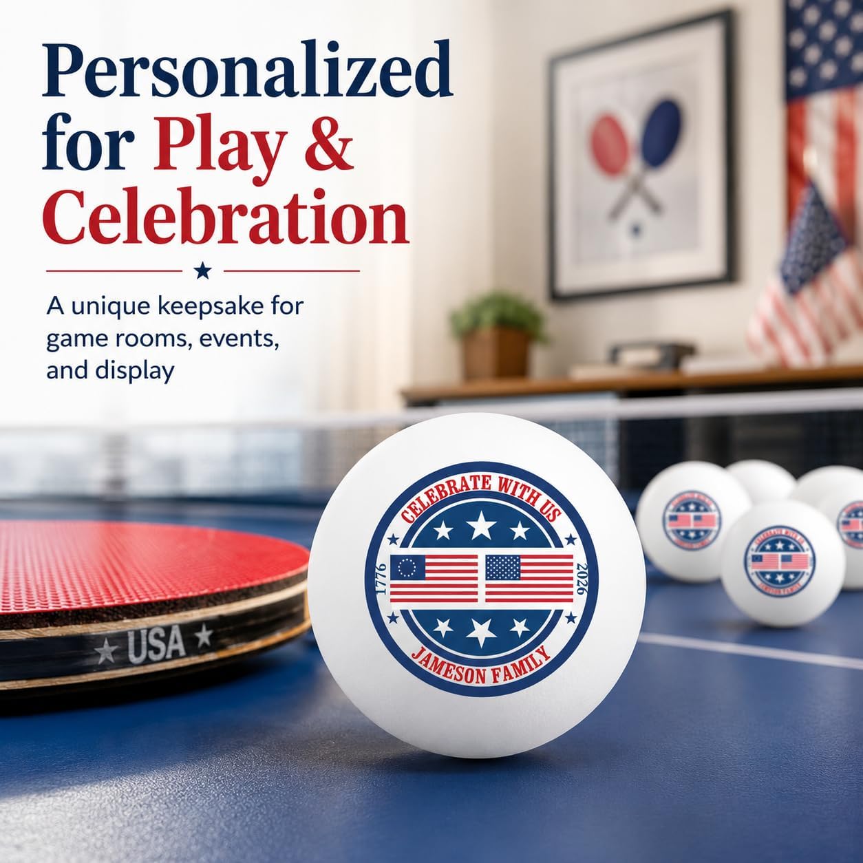Infusion US Flags Personalized Name Ping Pong Balls – Custom Name Table Tennis Balls – America 250 Patriotic Design – 6 White Ping Pong Balls