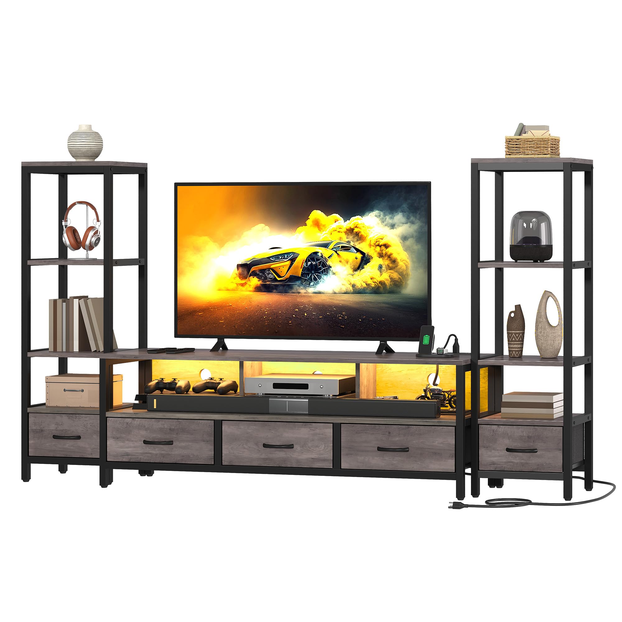 Entertainment Center with Bookshelves, LED TV Stand for 65/60 inch TV, Farmhouse TV Stand for Living Room with 2 Industrial 4-Tier Bookshelves & Power Outlets, Grey