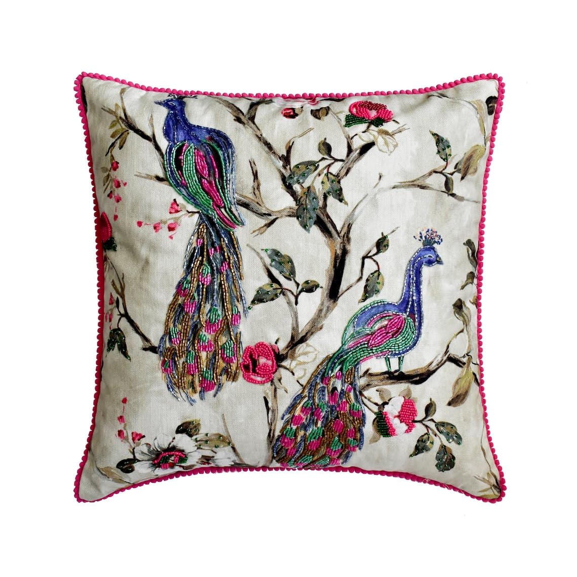The HomeCentric Decorative Pink & Purple Pack of 2, 65x65 cm (26"x26") Euro Shams, Cotton Peacock Beaded & Pom Pom Lace Euro Shams, Nature & Floral Pattern Contemporary Style - Tavas โ image 1