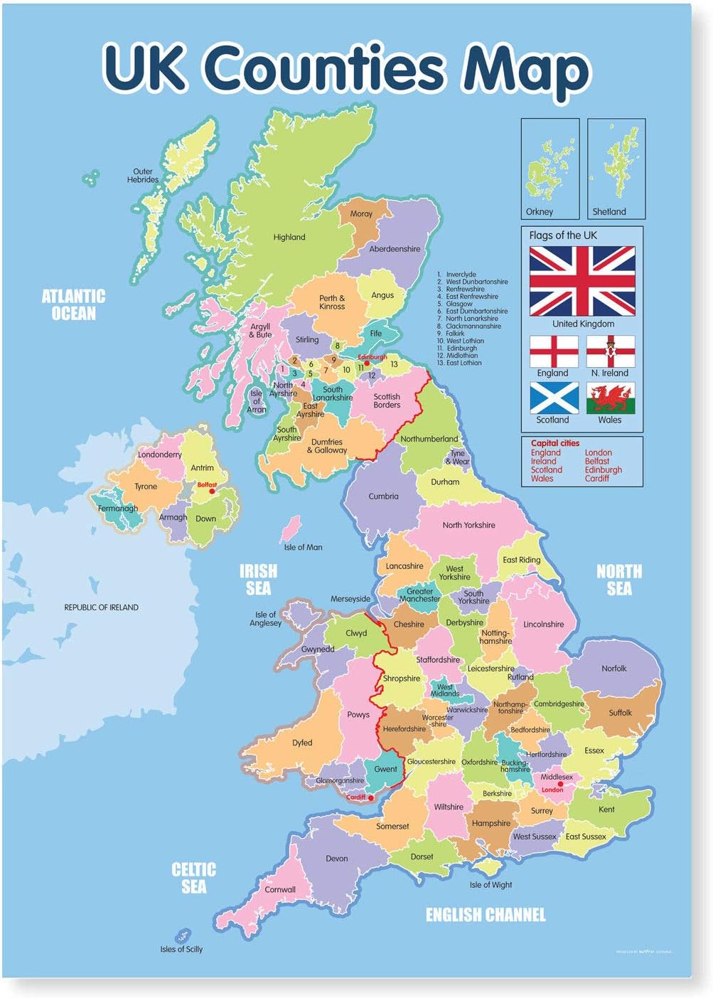 A4 laminated UK Counties Map Poster