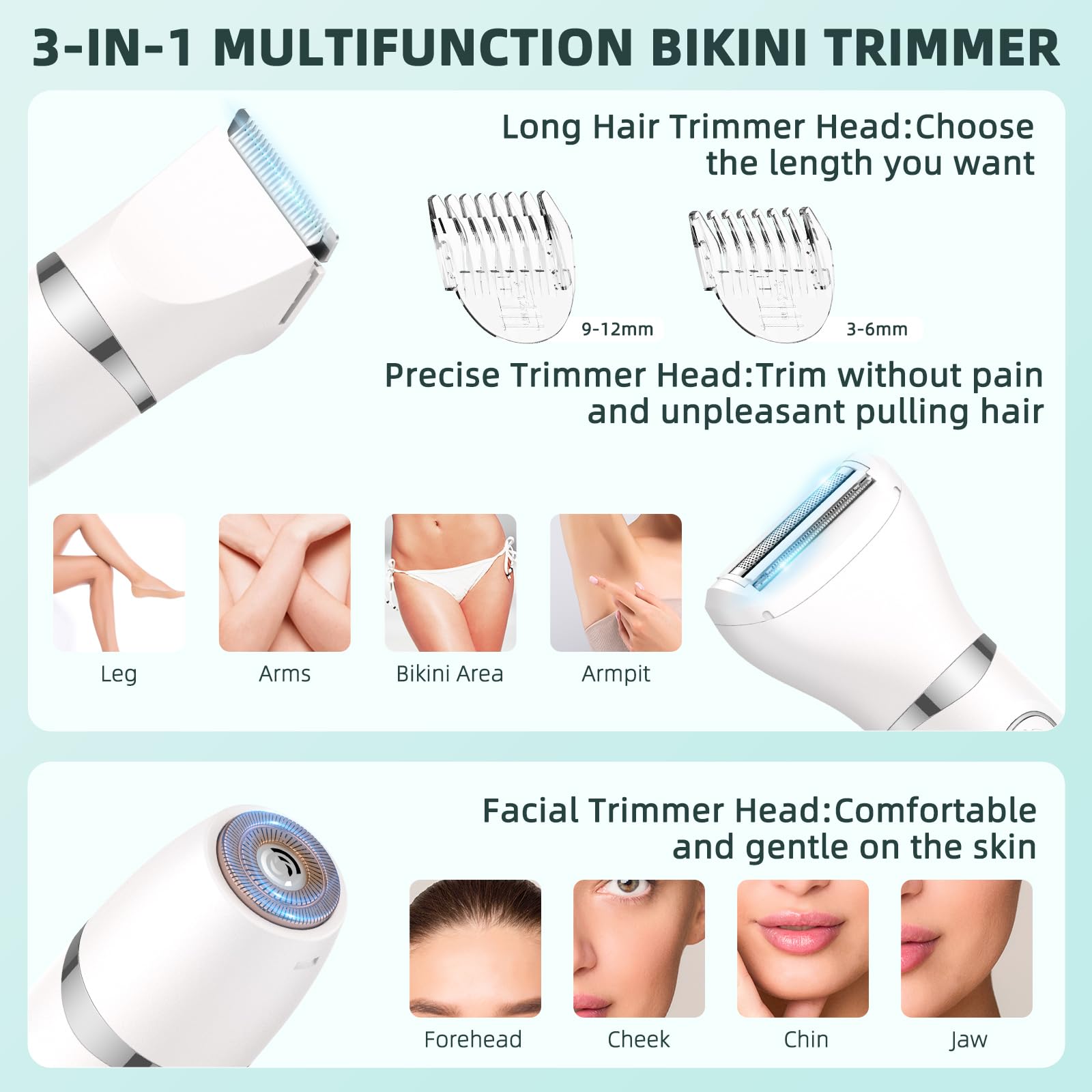 Rasoio elettrico 3 in 1 da donna, rasoio elettrico ricaricabile indolore, rasoio pubico e facciale per pelli sensibili, labbra, braccia, gambe con display a LED TT
