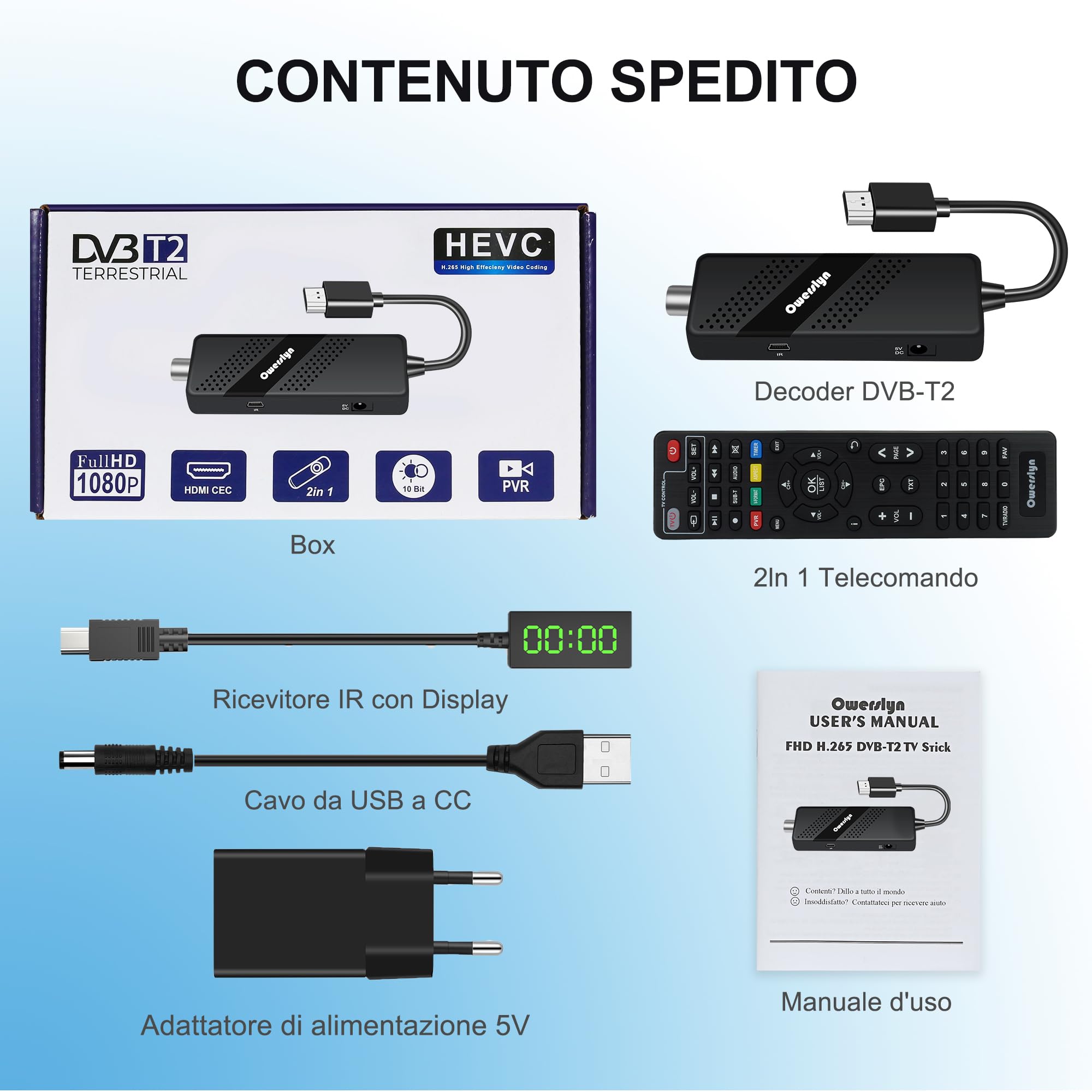Decoder Digitale Terrestre 2026 - OWERSLYN Decoder DVB-T2, HD 1080P H.265 HEVC Main 10 Bit, TV Stick con Uscita HDMI/AV, HDMI CEC, USB Multimediale, Funzione PVR, Telecomando Infrarossi 2in1