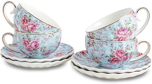 Miniatura 12 de Tazas y platillos de cerámica de 6 onzas, tazas de té florales para café, café con leche, café moca y té (pequeñas flores azules) Pequeñas flores