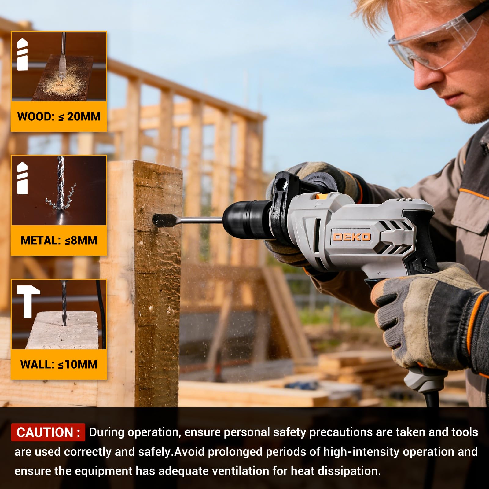 DEKOPRO Perceuse à Percussion Filaire 500W - 2 en 1 Perceuse Béton, Mandrin Sans Clé 13mm, Poignée Rotative 360°, 3000 RPM, 3 Forets (3 x Métal, Béton, Bois), Idéale pour Bois, Métaux Tendres et Béton
