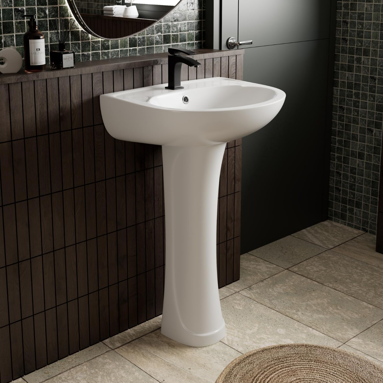 20"W x 17"D White Morden Pedestal Sinks for Small Bathrooms, Los Flexi 20 Inch Pedestal Sink Combo, Bathroom Sink with Overflow & 1 Faucet Hole, Freestanding Installation