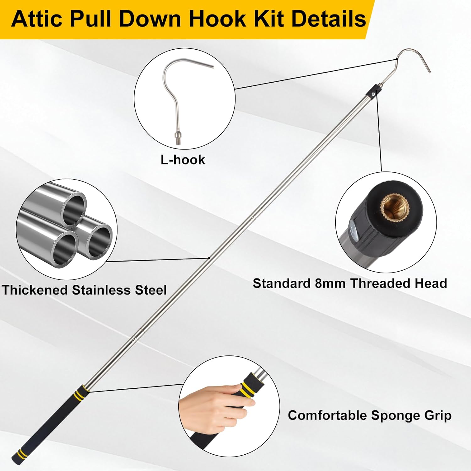 Attic Pull Down Handle, 36" to 64" Attic Ladder Pole Replacement for Attic Door Awning Pull Rod Garage Doors Stainless Steel with Comfort Sponge Grip Silver