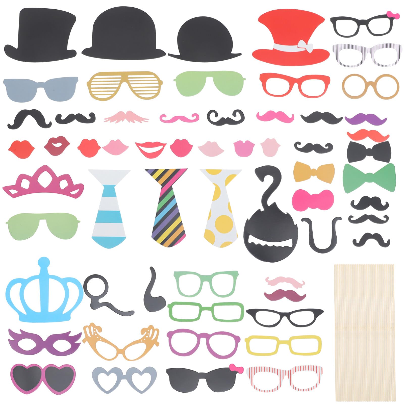 60 Lustige Foto Requisiten mit Schnurrbartmasken, Party | Hochzeiten und Weihnachten, Karton mit Bambusstäben, Gemischte Ausführung, Inklusive Klebepunkte Zufälliger Stil