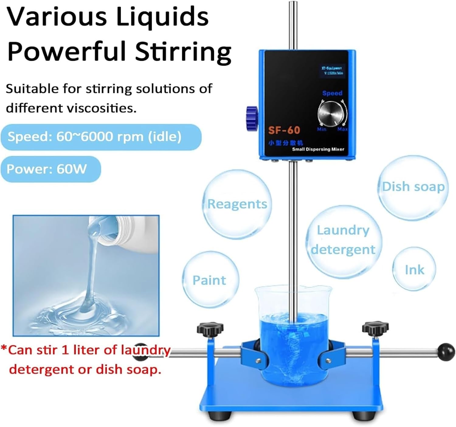 High-Speed Lab Disperser with LCD Display, 6000RPM Electric Stirrer, Adjustable Height, 5-14cm Clamping Diameter, Ideal for Mixing Lab Liquids, Paints, and Resins