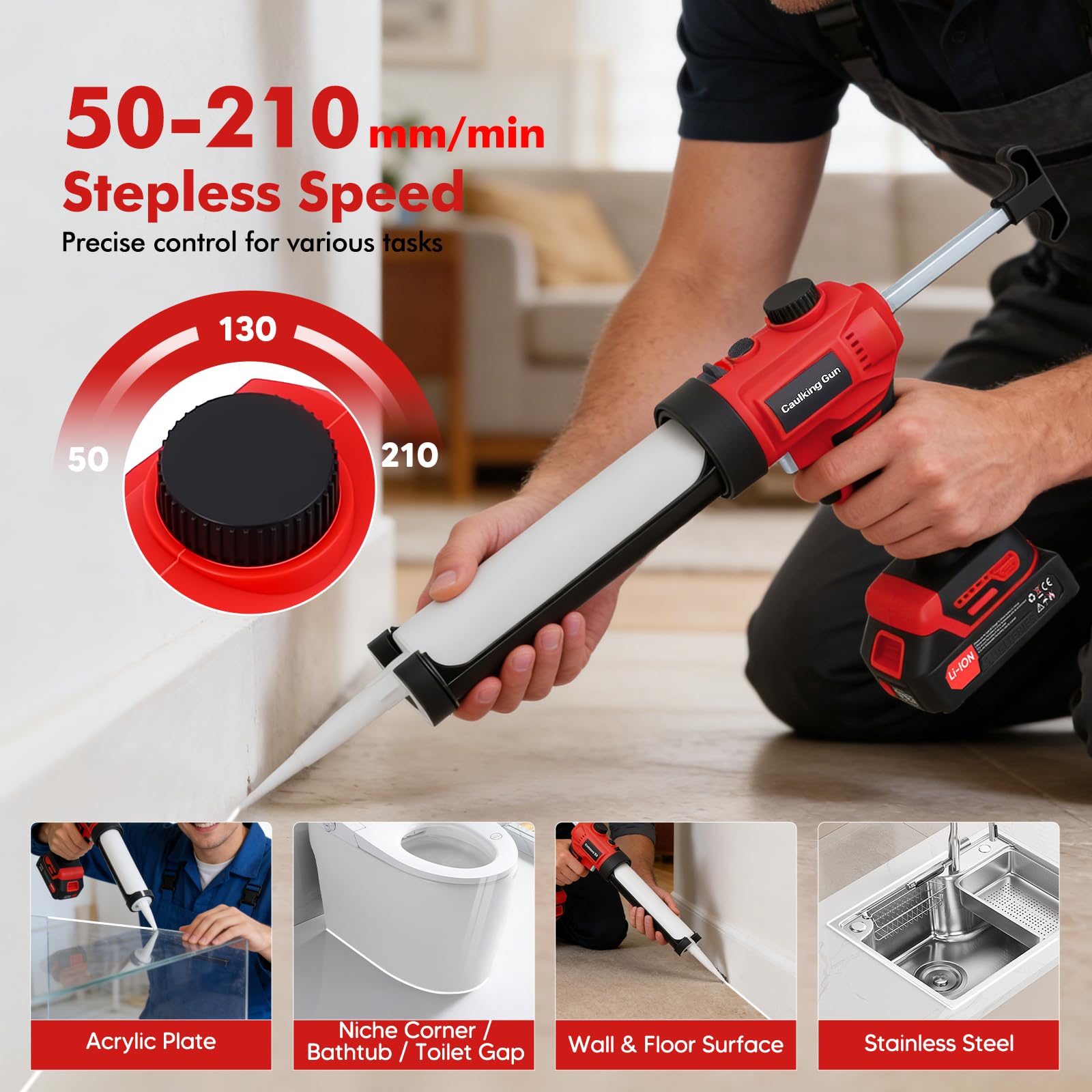 Pistola Silicona Bateria, 300ML Pistola Silicona Electrica con Velocidad Ajustable de 50 a 210 mm/min, Pistola Silicona Eléctrica con 2 Baterías de 2000 mAh, Luz LED, Antigoteo para Llenar y Sellar
