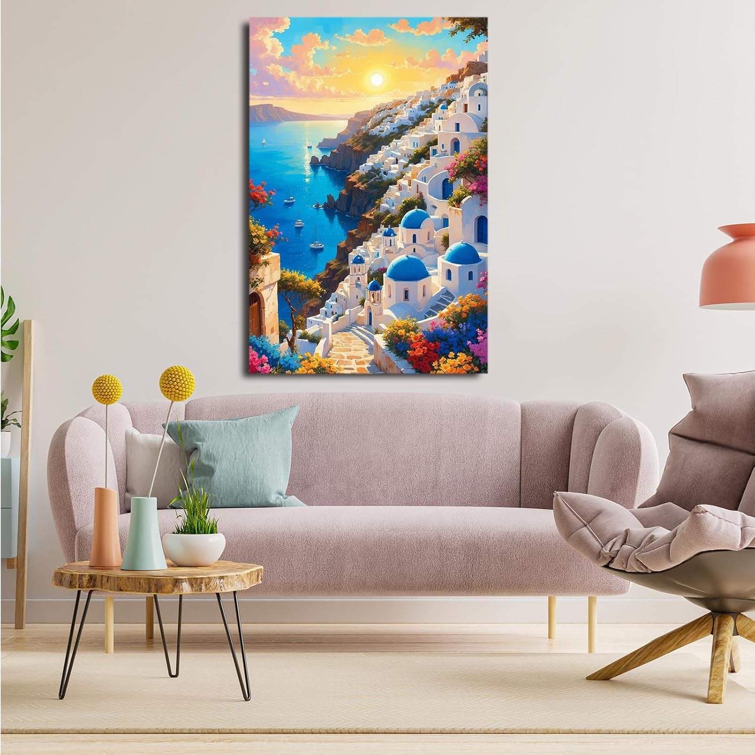 Italy Painting Oil Canvas Wall Art： Mediterranean Cityscape Artwork Italian Sea Picture Modern City Street Decoration Landscape Prints for Paris Cafe Room Decor 16x24in Wood Framed