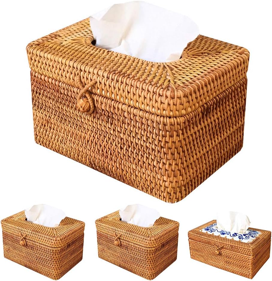 CURE SECRET Home Handmade Rattan Tissue Box Square Woven Paper Towel Storage Box for Kitchen/Living Room/Bedroom