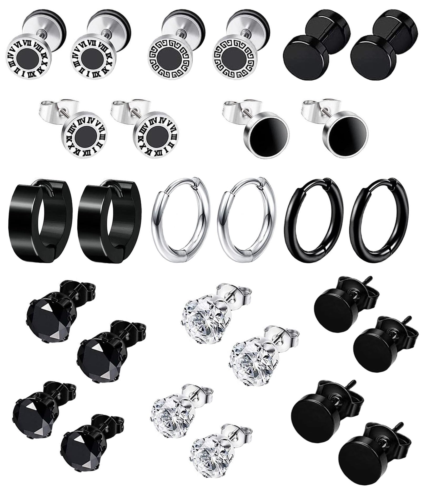 VELESAY 14 Pares Pendientes Hombre Acero Inoxidable Pendientes Aro Punk Negros Pendientes Barbell Aretes Kpop Stud Pendientes Plata Redondos Conjunto Pendientes para Hombres y Mujeres